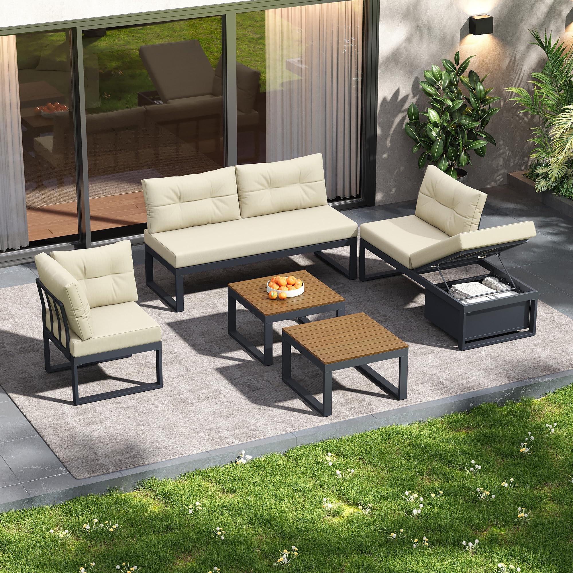 Sapgaks Salon de Jardin pour 6 Personnes,Ensemble de canapés de extérieur avec Dossier réglable sur 3 Niveaux,Canapé d'angle de Jardin avec Table,Espace de Rangement et Fonction d'inclinaison,Beige