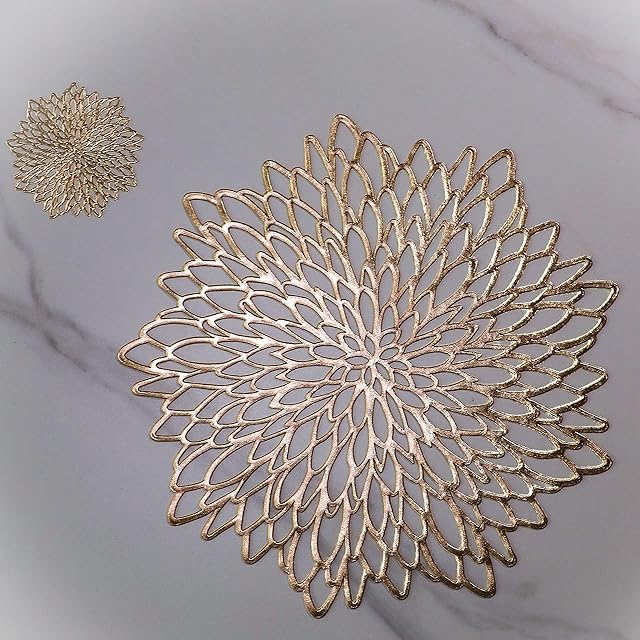 12 Pack Mat Gold Metallic Round Placemats Laminated Vinyl Leaf Dining Table Decorative by Snowkingdom