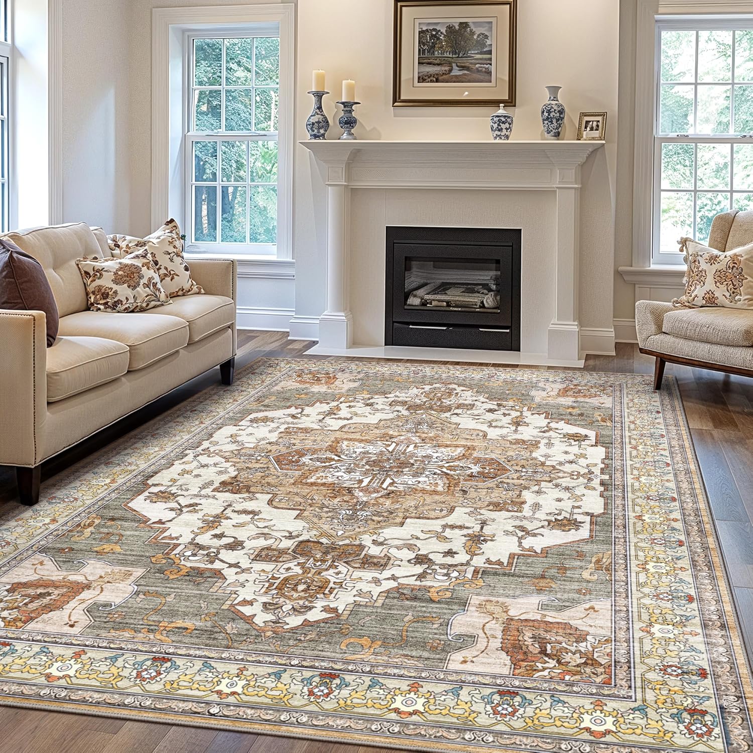 “Without the original box and maybe has stains “Area Rugs for Living Room 8x10 Machine Washable Rug, Boho Vintage Retro Large Floral Medallion Carpet for Bedroom Dining Room, Low Pile Lightweight Thin Chenille Non Slip Rug?Brick Area Turmeric 8' x 10' (Rectangular)