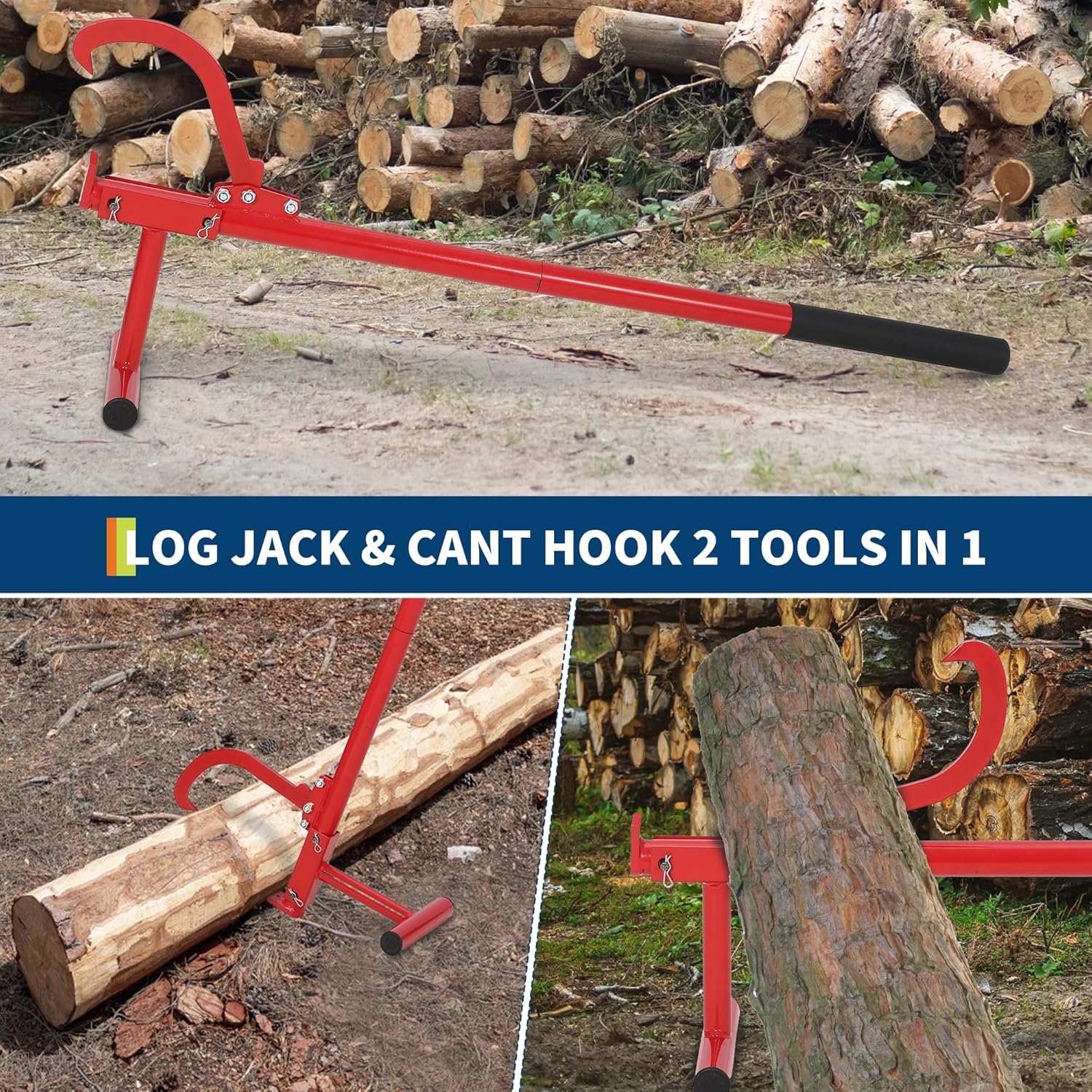 48" Log Roller, Heavy Duty Cant Hook,Log Lifter Timber Jack with Rubber Grip,Adjustable Steel Log Roller,Timberjack Log Lifter,Log Cant Hook Logging Tools for Rolling,Forestry Logging Tools