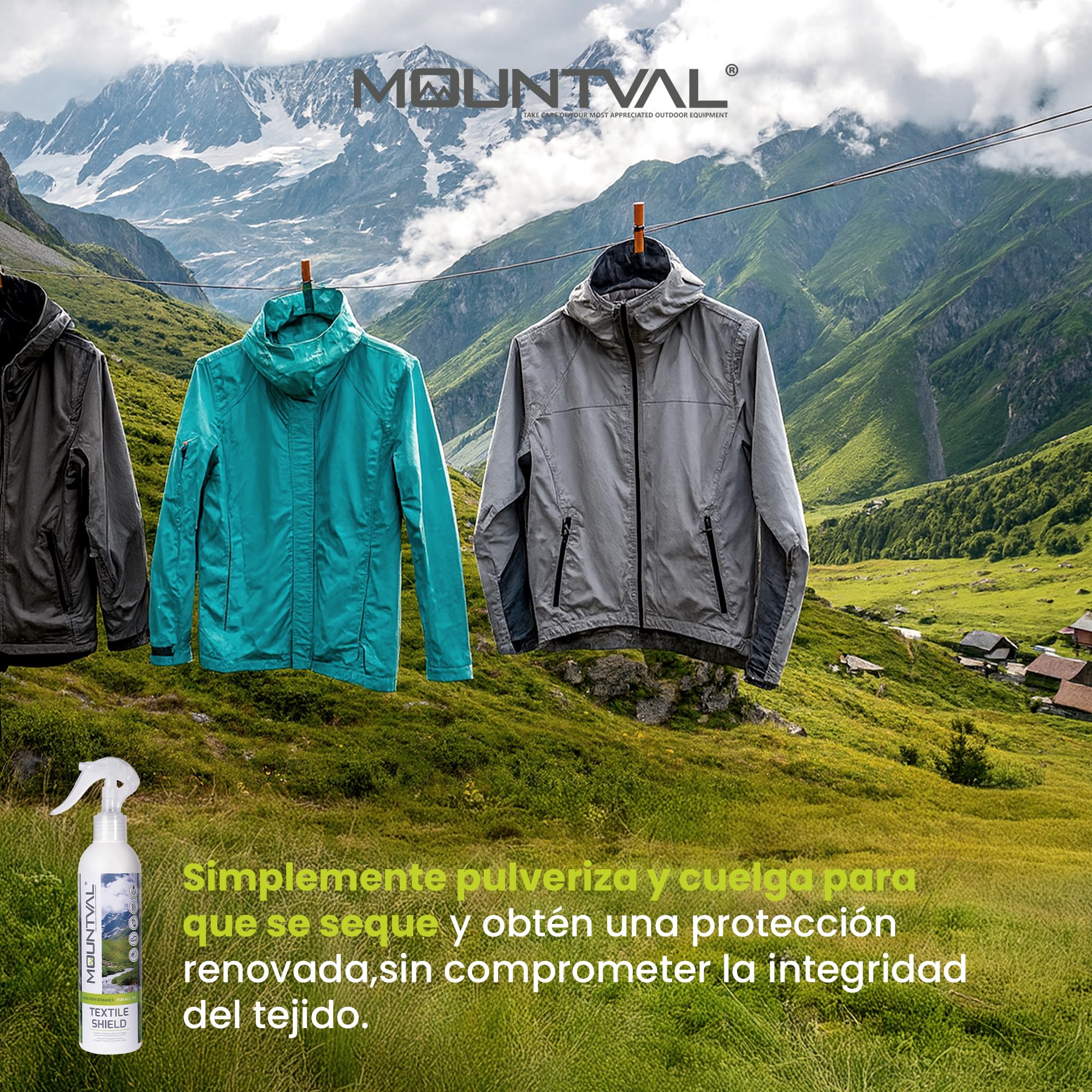 Kaps Mountval Textile Shield - Un Impermeabilizante en Aerosol para Clima Húmedo y Prendas de Senderismo, Olor Agradable, Funciona con Gore-Tex, Libre de Solventes - 300 ml/2x300ml