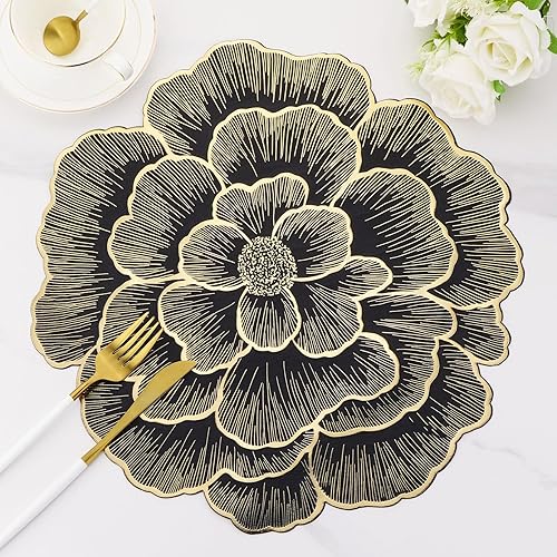 Juego de 6 manteles individuales dorados con flores para mesa de comedor, manteles individuales redondos de vinilo prensado metálico de 15 pulgadas