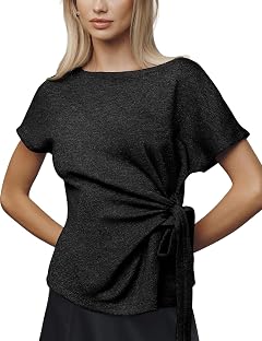 Yeokou Womens Short Sleeve Knit Pullover Tied Knot Round Neck Fashionable Slim Fit Wrap Top