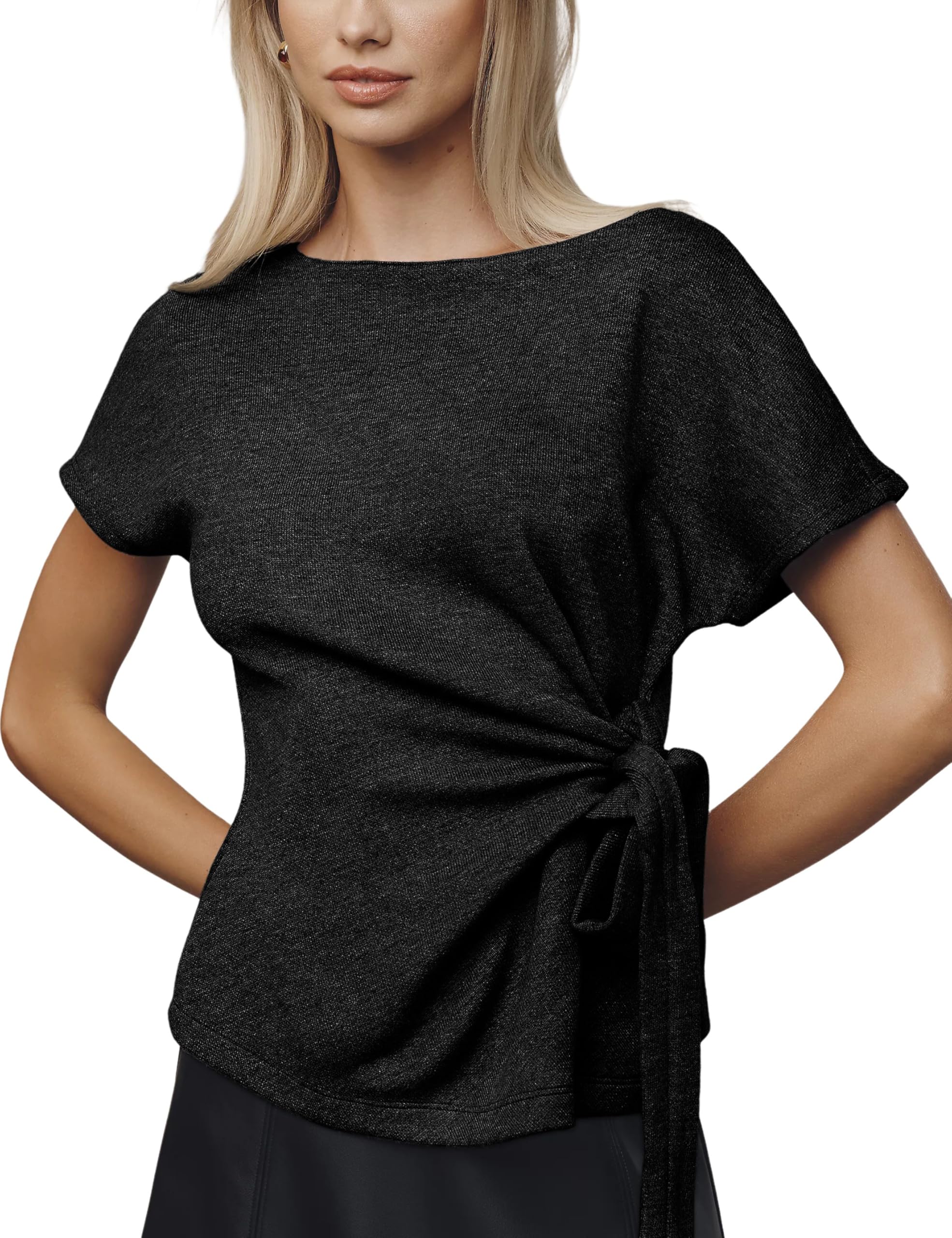 Yeokou Womens Short Sleeve Knit Pullover Tied Knot Round Neck Fashionable Slim Fit Wrap Top