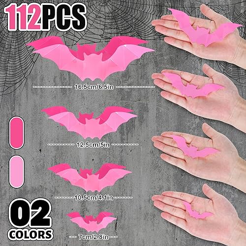 Miniatura 2 de Whaline 112 piezas de decoración de pared de Halloween, murciélagos 3D con adhesivo de espuma, rosa y rojo rosa, impermeables, calcomanías de