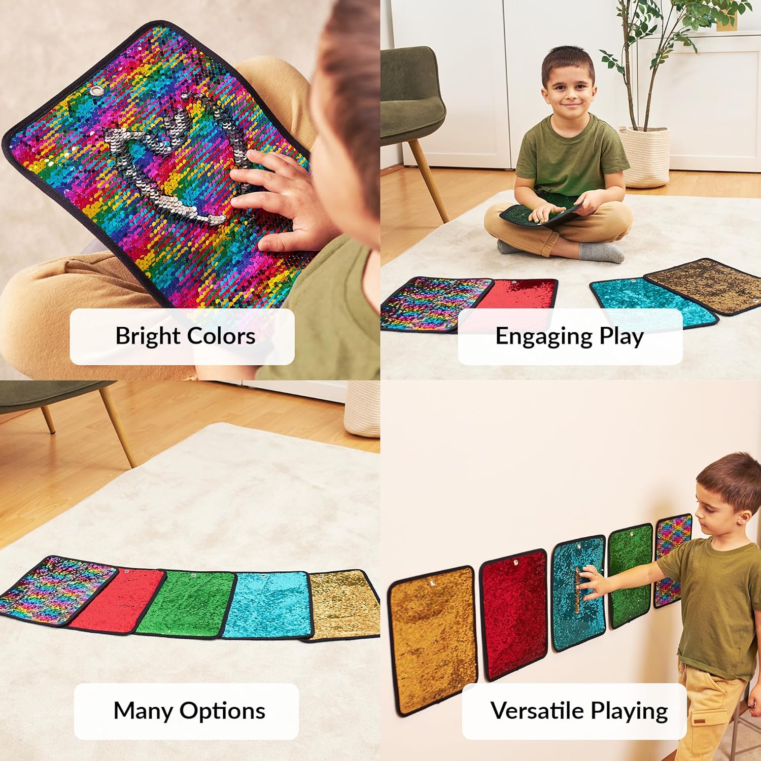 ODOXIA Sequin Fabric Mats | Sequin Reversible Fabric Sensory Wall | Flip Sensory Wall Tiles for Kids | 5-Pack (Rectangles)