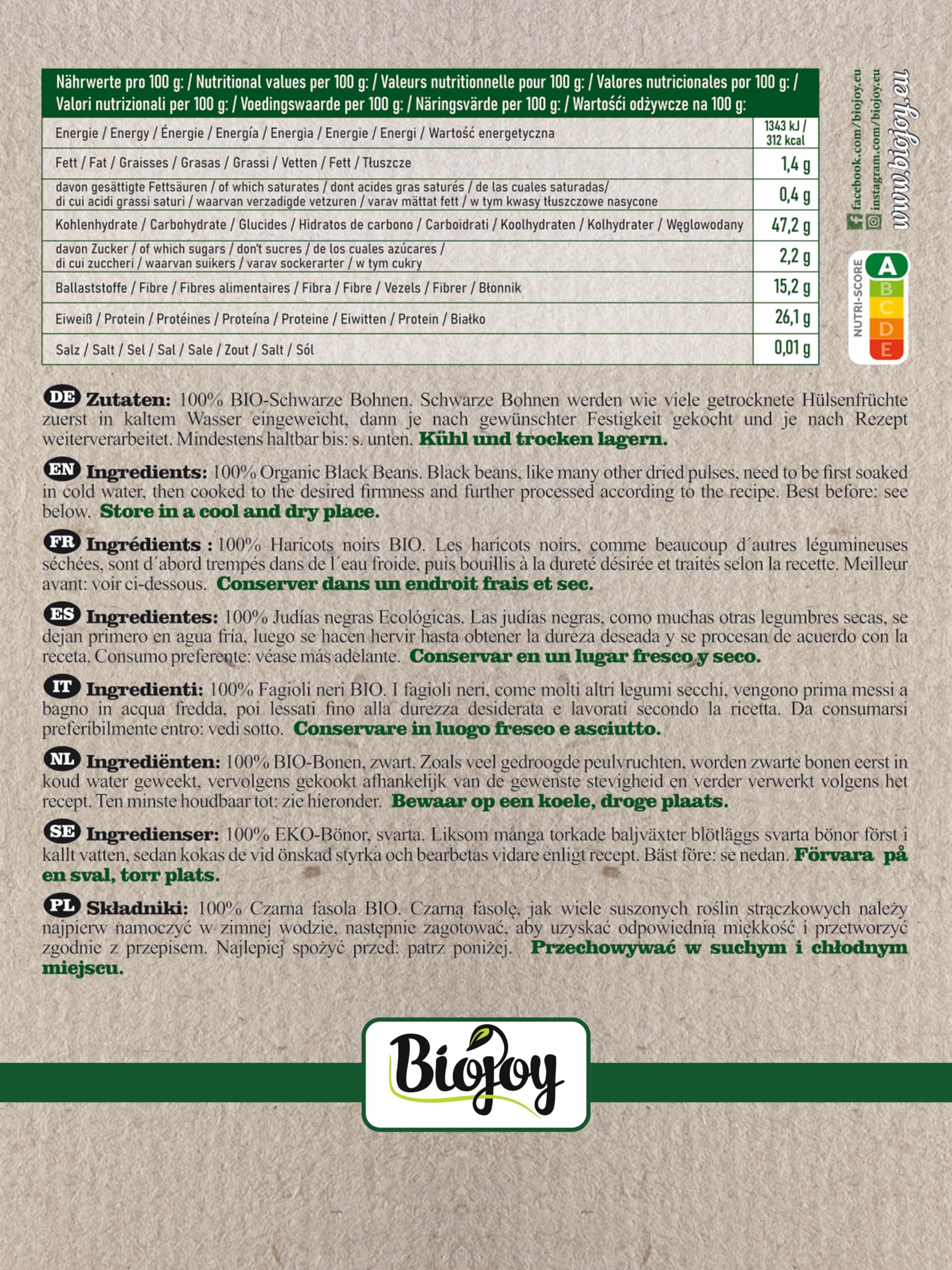 Biojoy Haricots noirs BIO (2,5 kg), séchés et entières, sans additifs