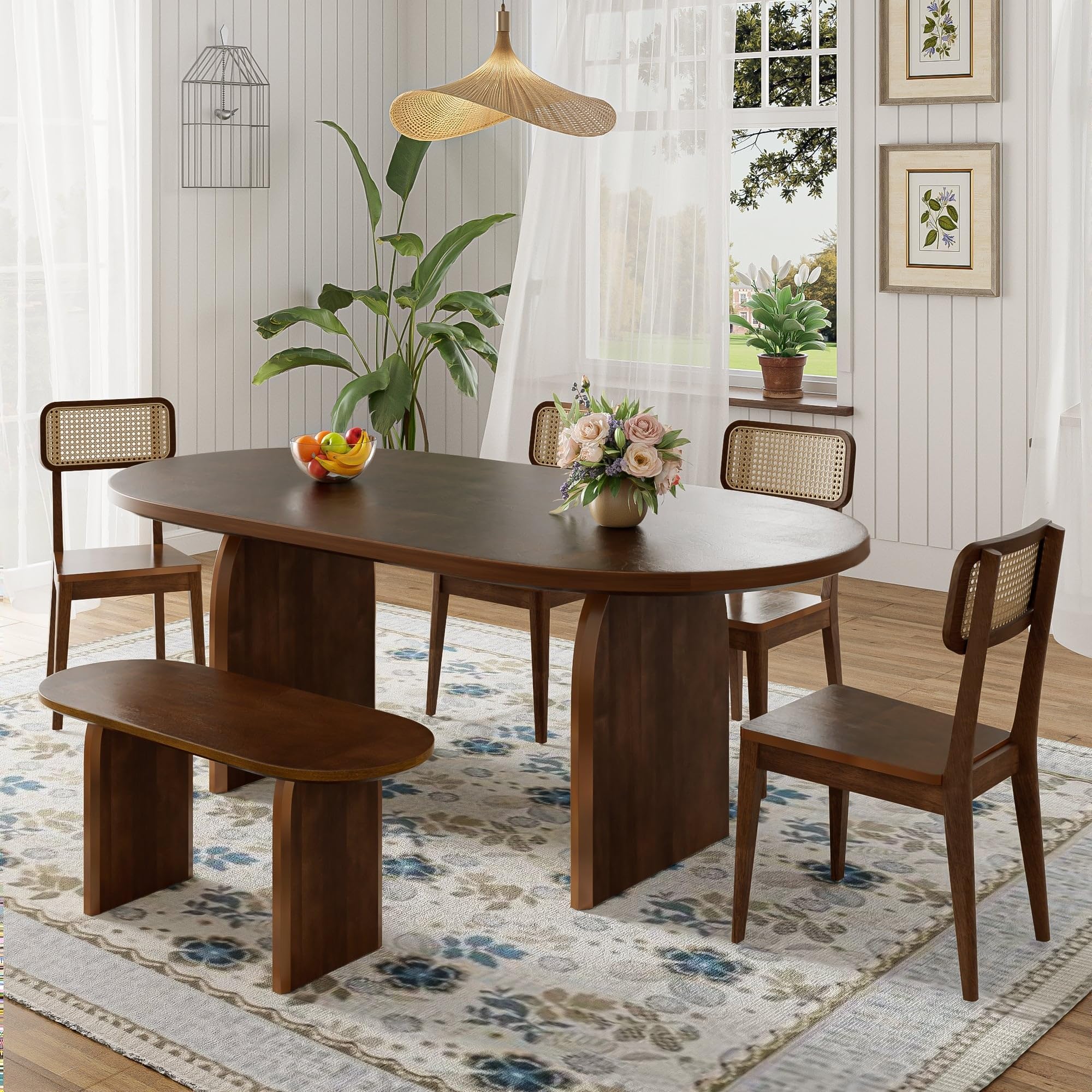 6 Piece Dining Table Set with Bench, Oval Kitchen Table Chairs Set for 6, Modern Style Dining Room Set for Living Room, Dining Room (Brown-QJ106)