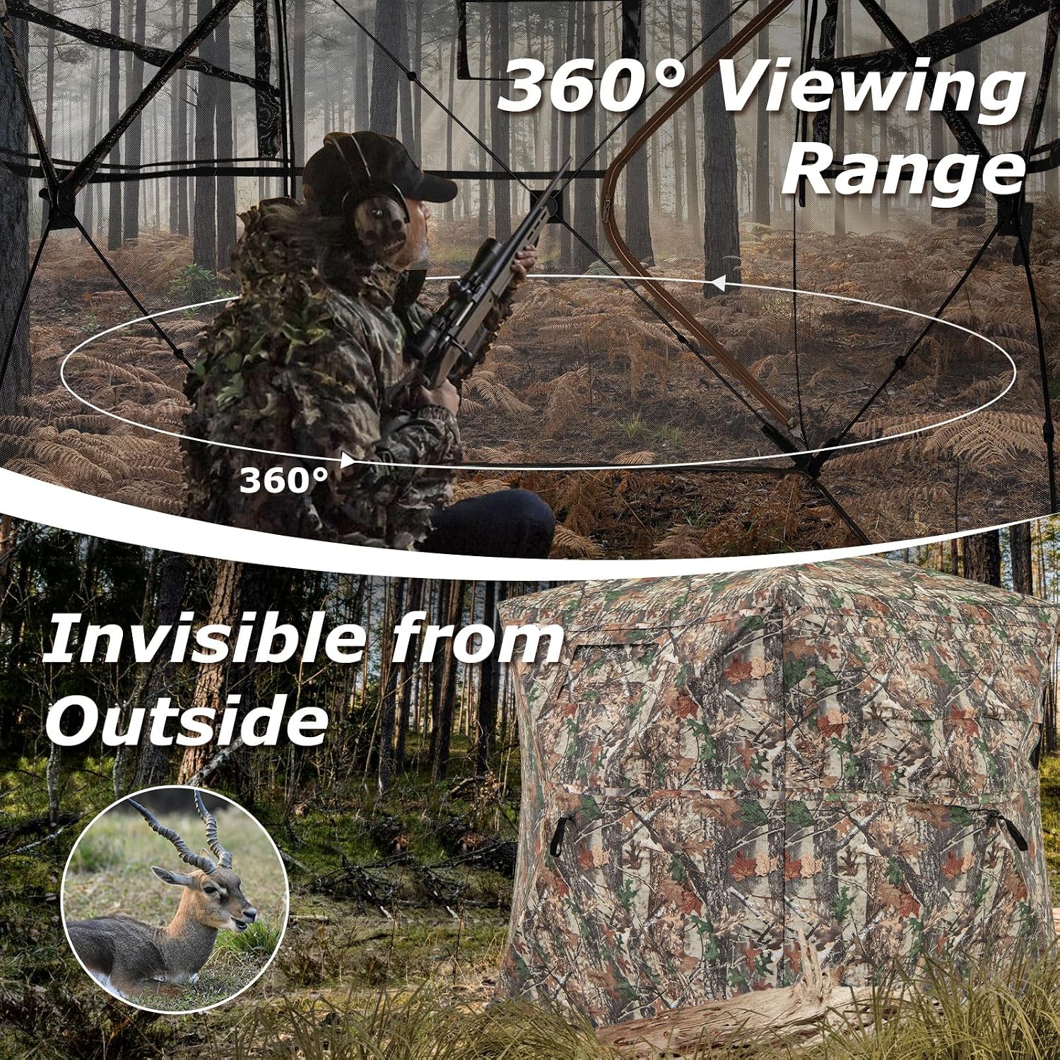 Goplus 360° See Through Hunting Blind, Pop Up 2-3 Person Hunting Tent with Full- Open Door, Silent Sliding Windows, Carry Bag, Portable Camouflage Ground Blind, Deer Bind for Turkey Hunting
