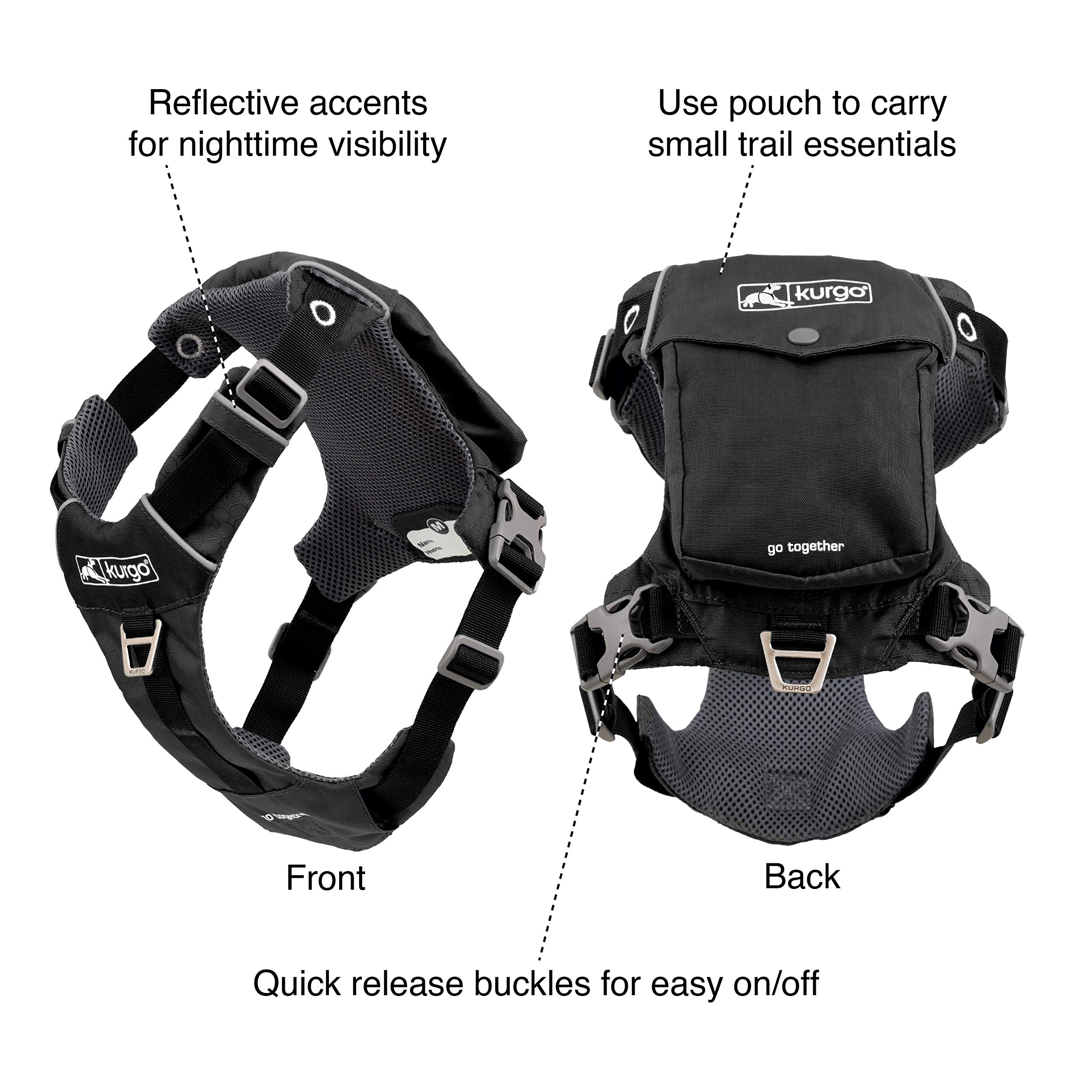 Kurgo Stash n' Dash - Arnés ligero para perros, arnés para mascotas con bolsillo, se pliega en una bolsa, para correr, senderismo, reflectante, negro, pequeño