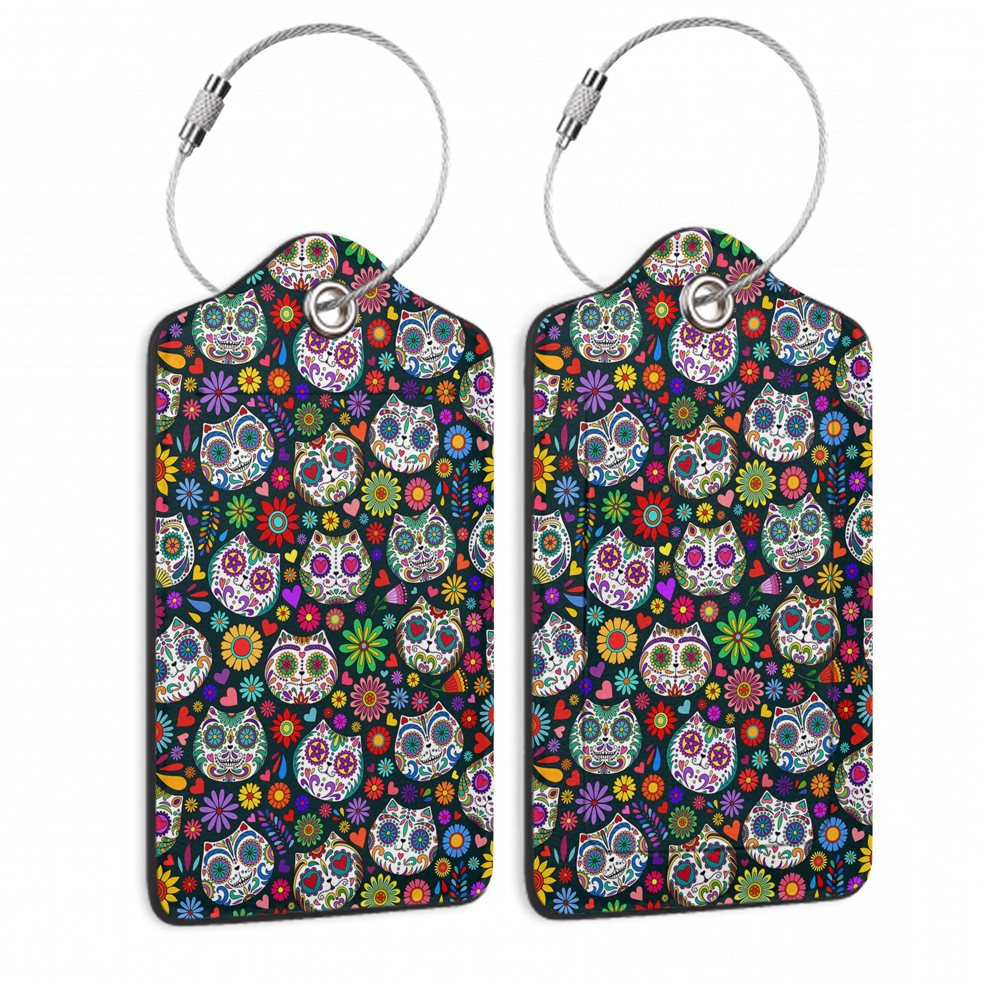 Sugar Skull Cat 2 Pack Luggage Tag for Suitcases Day of the Dead PU Leather Bag Travel Suitcase ID Identifier Baggage Tags for Women Men Travel