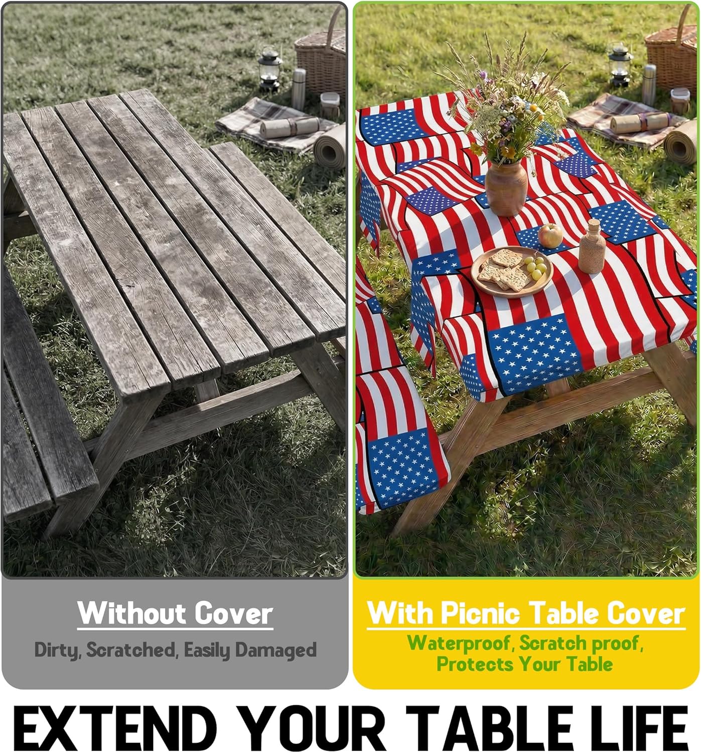 Picnic Table Cover with Bench Covers Waterproof Rectangle Tablecloth Camping Essentials Supplies Rv Travel Must Haves Gear Accessories Fitted Table Cloth Outdoor Road Trip Camper Gifts American Flag