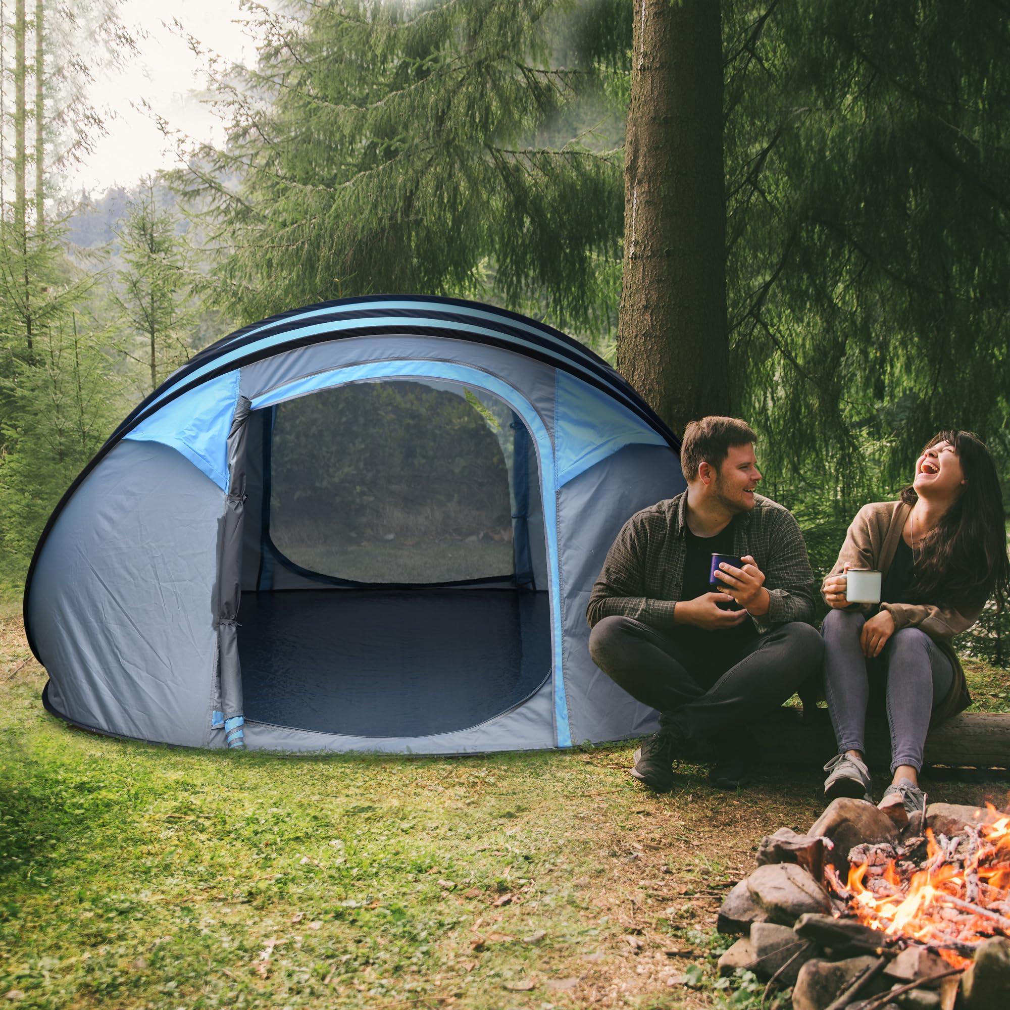 Outsunny Tenda da Campeggio Pop Up 4 Persone 2000mm Anti UV 20+ 263.5x220x123 cm Blu