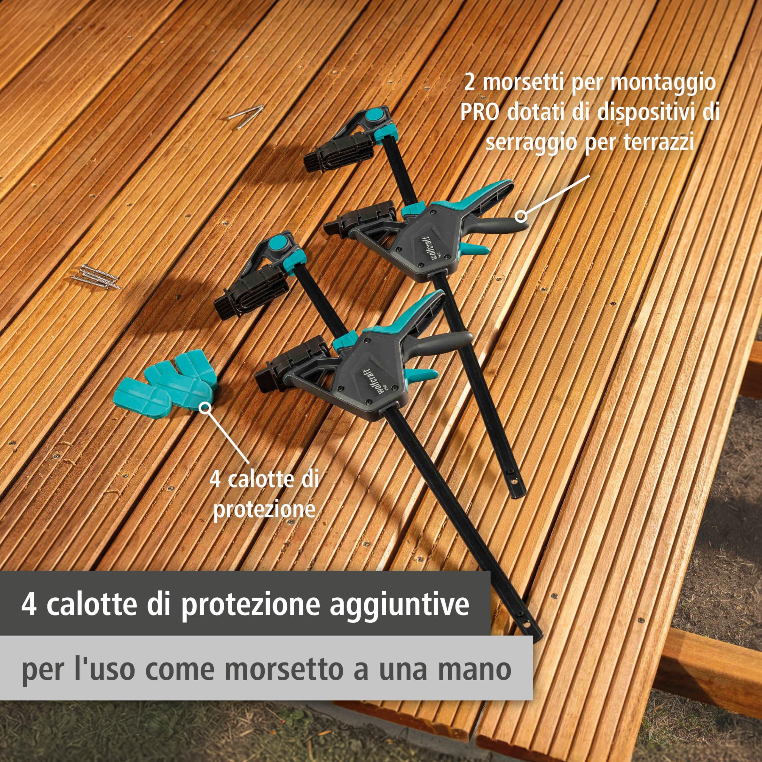 wolfcraft 2 Morsetti per montaggio PRO - Per allineare e fissare con precisione le tavole da terrazzo prima e durante il fissaggio con viti - 8679060