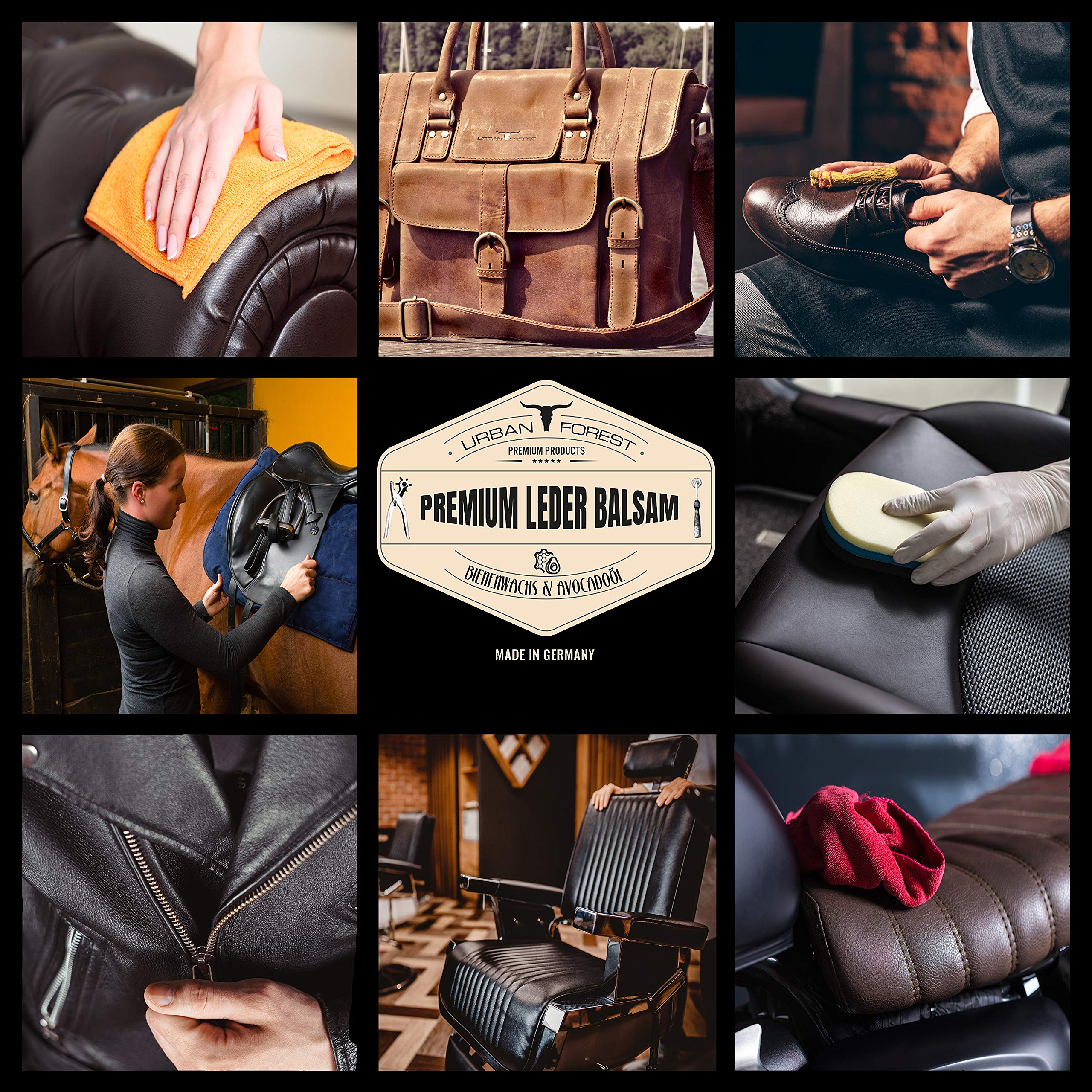 URBAN FOREST Lederpflege SPARSET für Sofa Auto Möbel Jacke Kleidung Handtaschen Schuhe Sattel Couch - Premium Leder Balsam + Leder Reiniger 2er Set mit Bienenwachs & Avocado-Öl 2X 500 ML