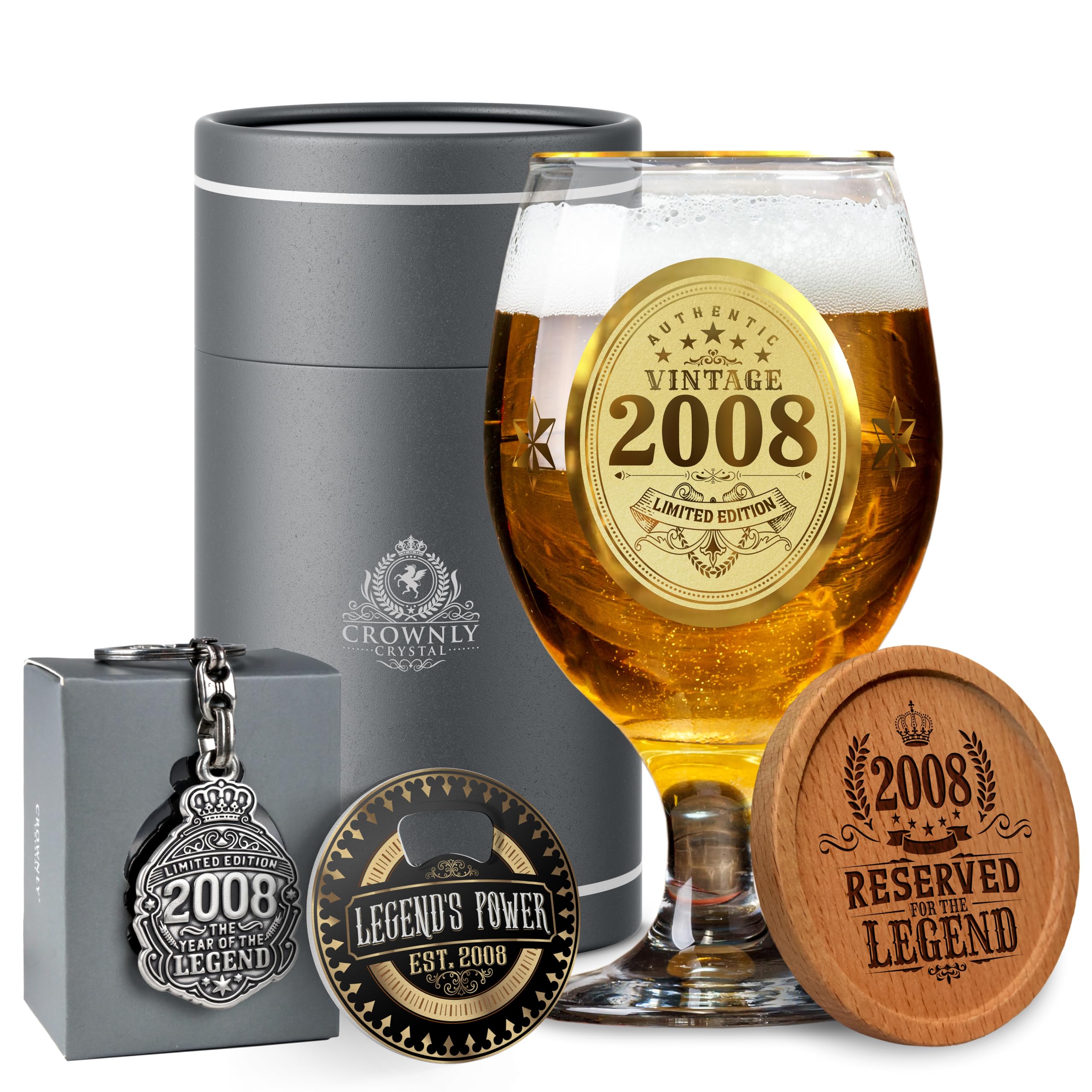 CROWNLY CRYSTAL® 2008 18th Birthday Gifts Personalised Beer Glasses Decorations Boyfriend Gifts for Men Mens Gift Ideas 18th Birthday Glass