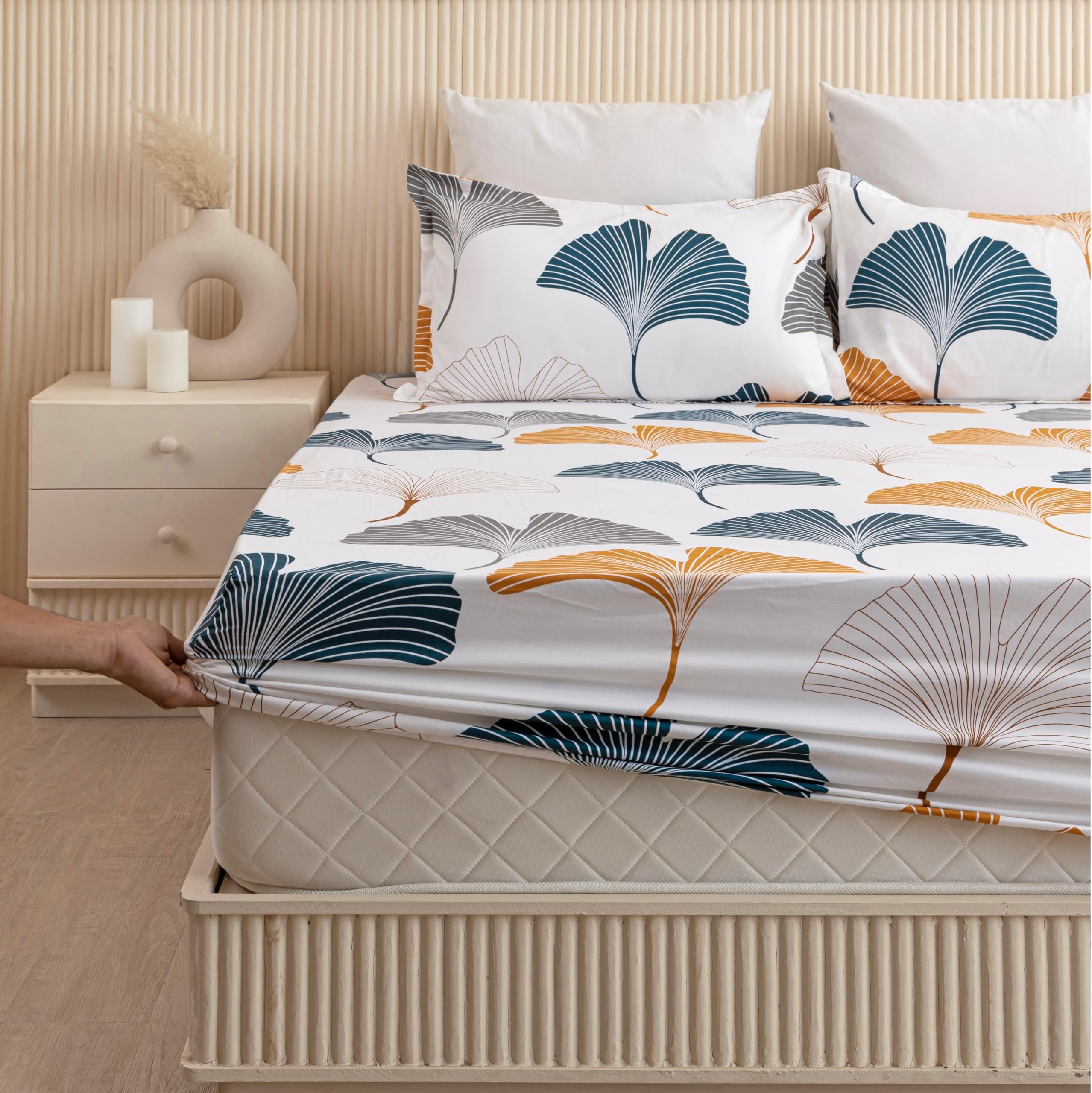 - HOMEMONDE 100% Cotton Fitted Bed Sheet for Super King Size Bed, Leaf Printed All Around Elastic Bedsheet (84 x 78 Inch) with 2 Pillow Cover | Perfect for Home Decor & Gifting