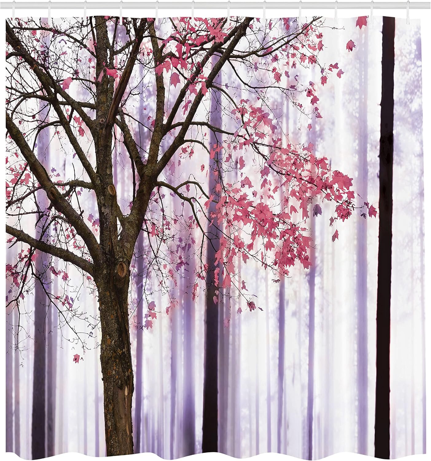Ambesonne Autumn Shower Curtain, Picture of a Lonely Tree Leaves on an Abstract Woodland Background Print, Cloth Fabric Bathroom Decor Set with Hooks, 69" W x 84" L, Lilac Pink
