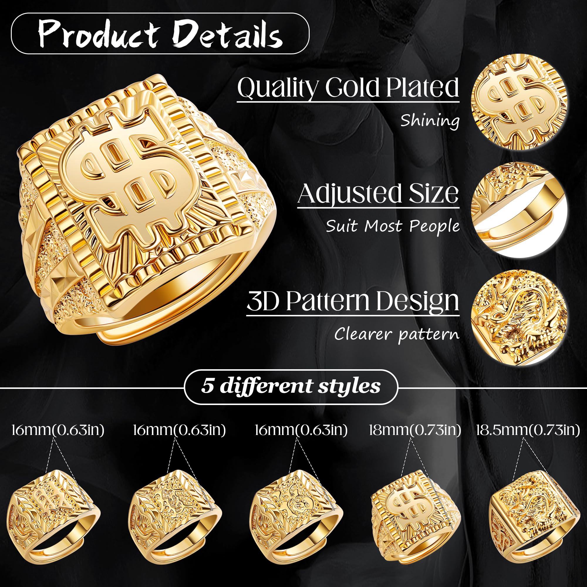 Juego de 5 anillos rellenos de oro de 18 quilates para hombres y mujeres, anillos Kanji, rica suerte, riqueza, dragón dólar, juego de anillos de tamaño ajustable, Cobre, Sin piedras preciosas 3