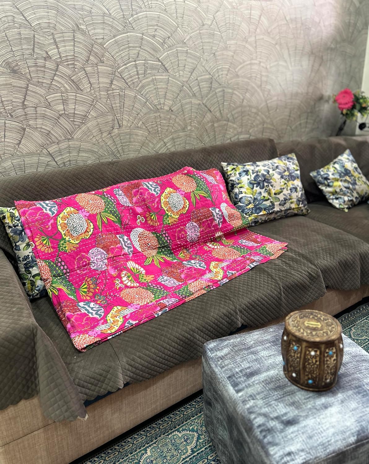 GDONLINE Indian Handmade Stitched Fruit Print Pure Cotton Kantha Quilt, Reversible Kantha Quilt, Home Dorm Decor Bedspread, Kantha Blanket Throw, (Multi Dye, Twin 90" x 60")