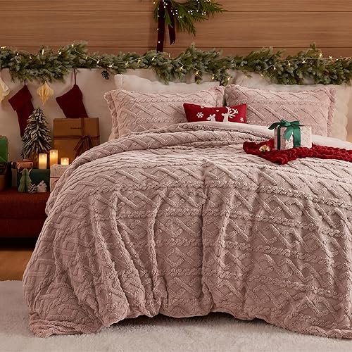 Bedsure Juego de funda de edredón mullida, piel sintética, tamaño King, afelpada, camafeo rosa, 1 funda de 104 x 90 pulgadas, cierre de cremallera,