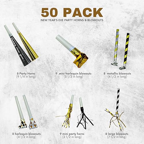 Miniatura 2 de 4E's Novelty NYE Noisemakers - Paquete de 50 suministros de fiesta de Nochevieja a granel para adultos y niños, regalos de fiesta para adultos y