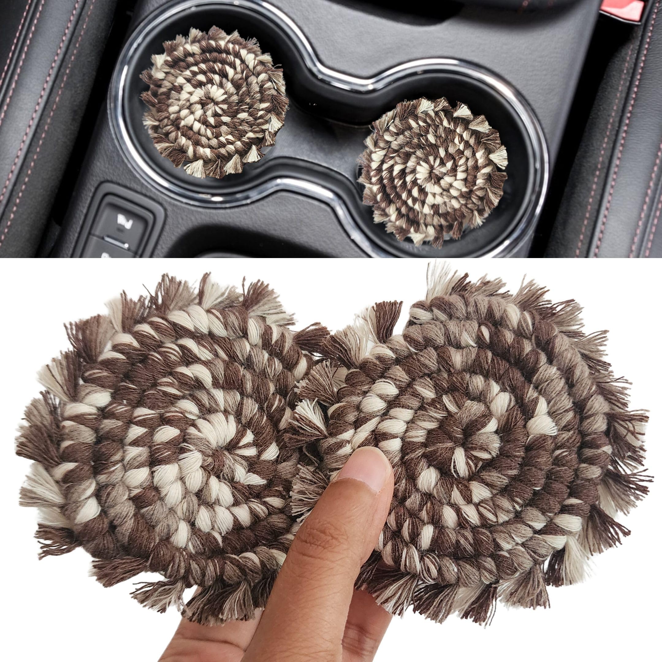 Cotton Car Coasters 2pc Car Cup Coasters Cute car Accessories for Women car Coaster for Cup Holders Mocha