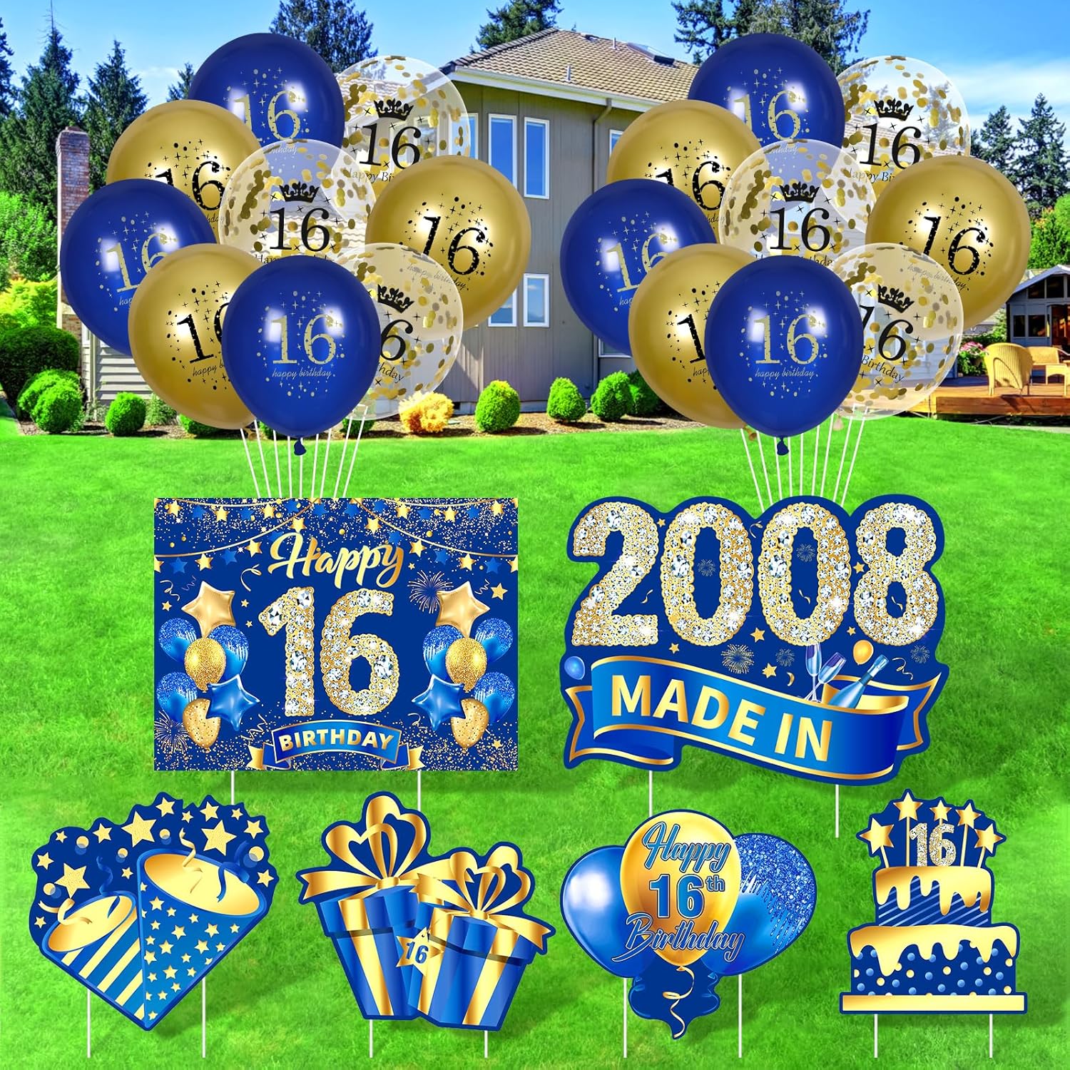 Blue 16th Birthday Decorations for Boys Girls 6Pcs Navy