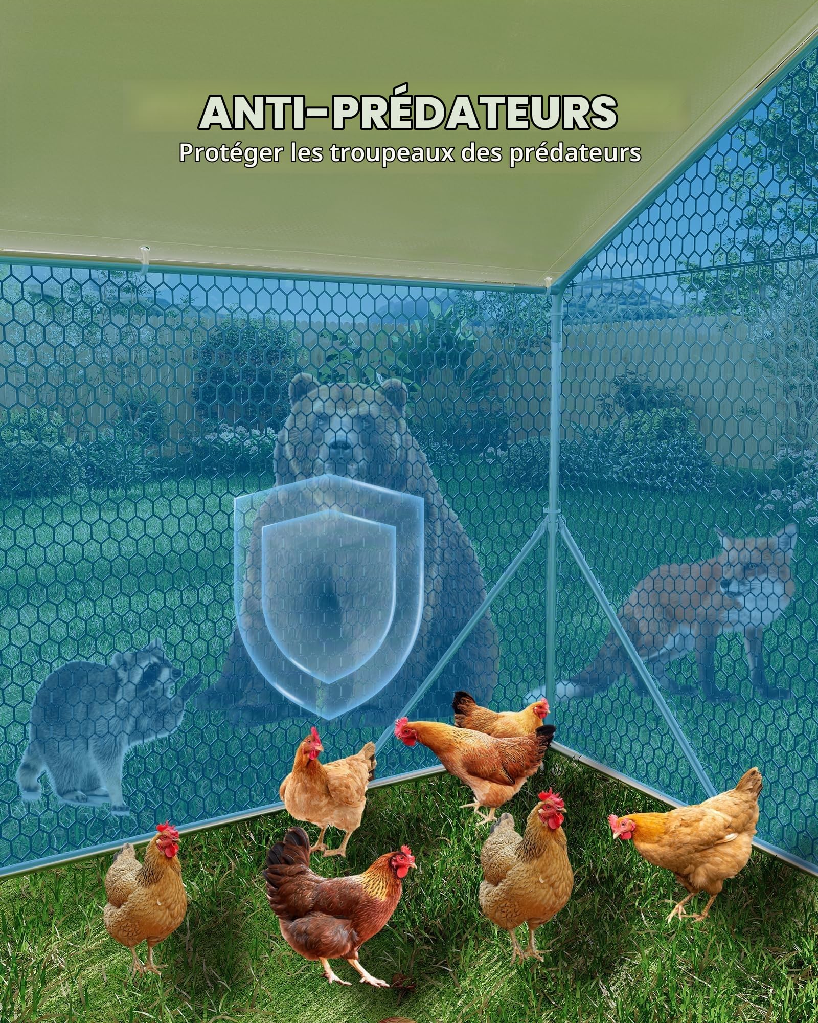 Grand Poulailler Métallique 3 x 2 x 2 m, Enclos pour Poules avec Tube en Acier Galvanisé, Toit en Bâche PE Résistante, Imperméable & Anti-UV, pour Poules et Petits Animaux, Extérieur