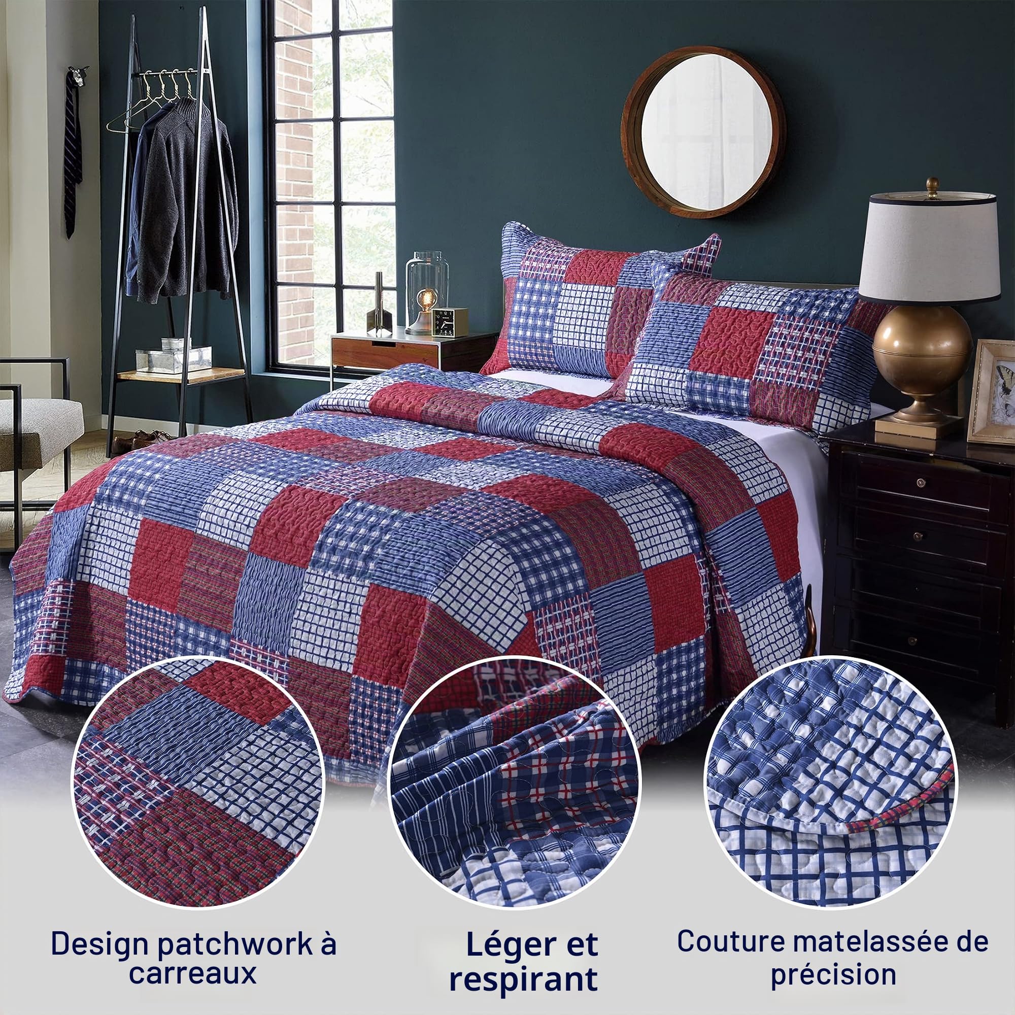 Jessy Home Couvre-lit réversible léger en Patchwork avec 2 taies d'oreiller pour Homme Rouge/Bleu