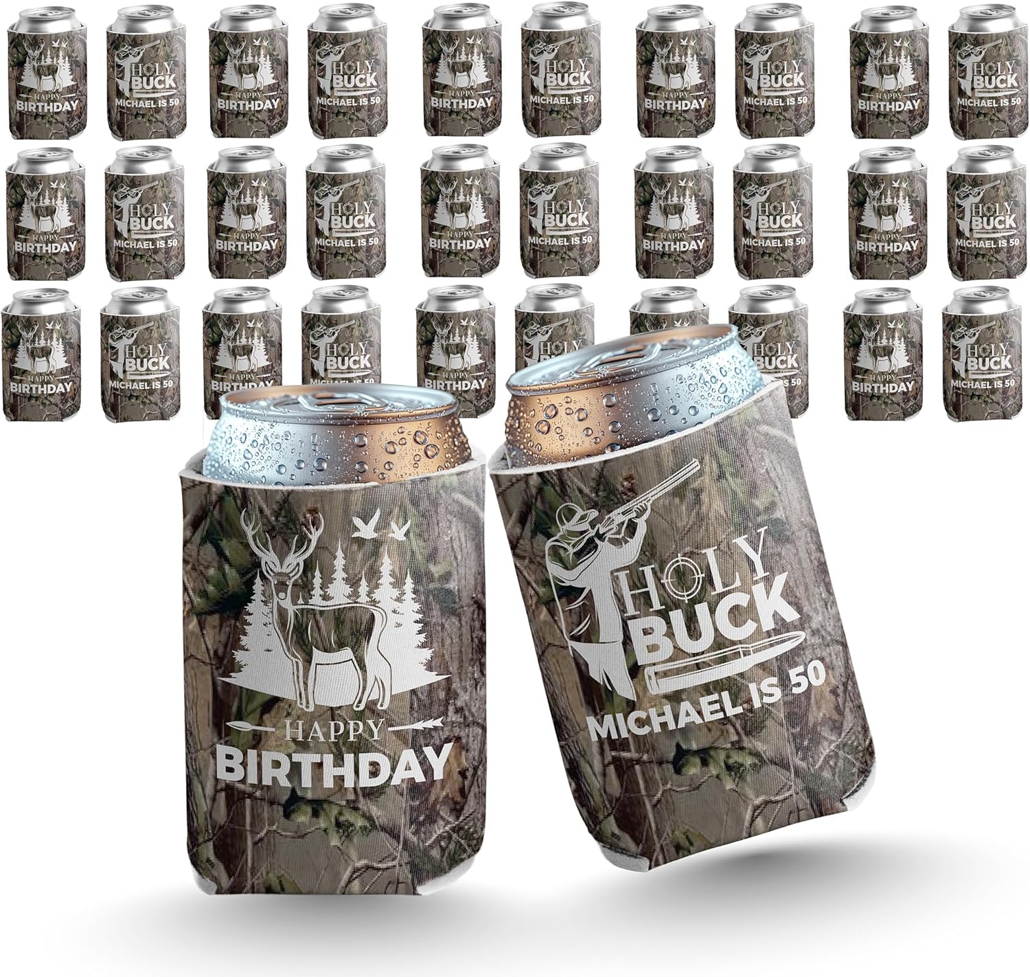 VictoryStore Custom Birthday Can Cooler – “Holy Buck” Camo Party Favor – Personalized with Name & Age – Fits 12oz Cans or Bottles – Hunter-Themed Birthday Drink Sleeve, Set of 25