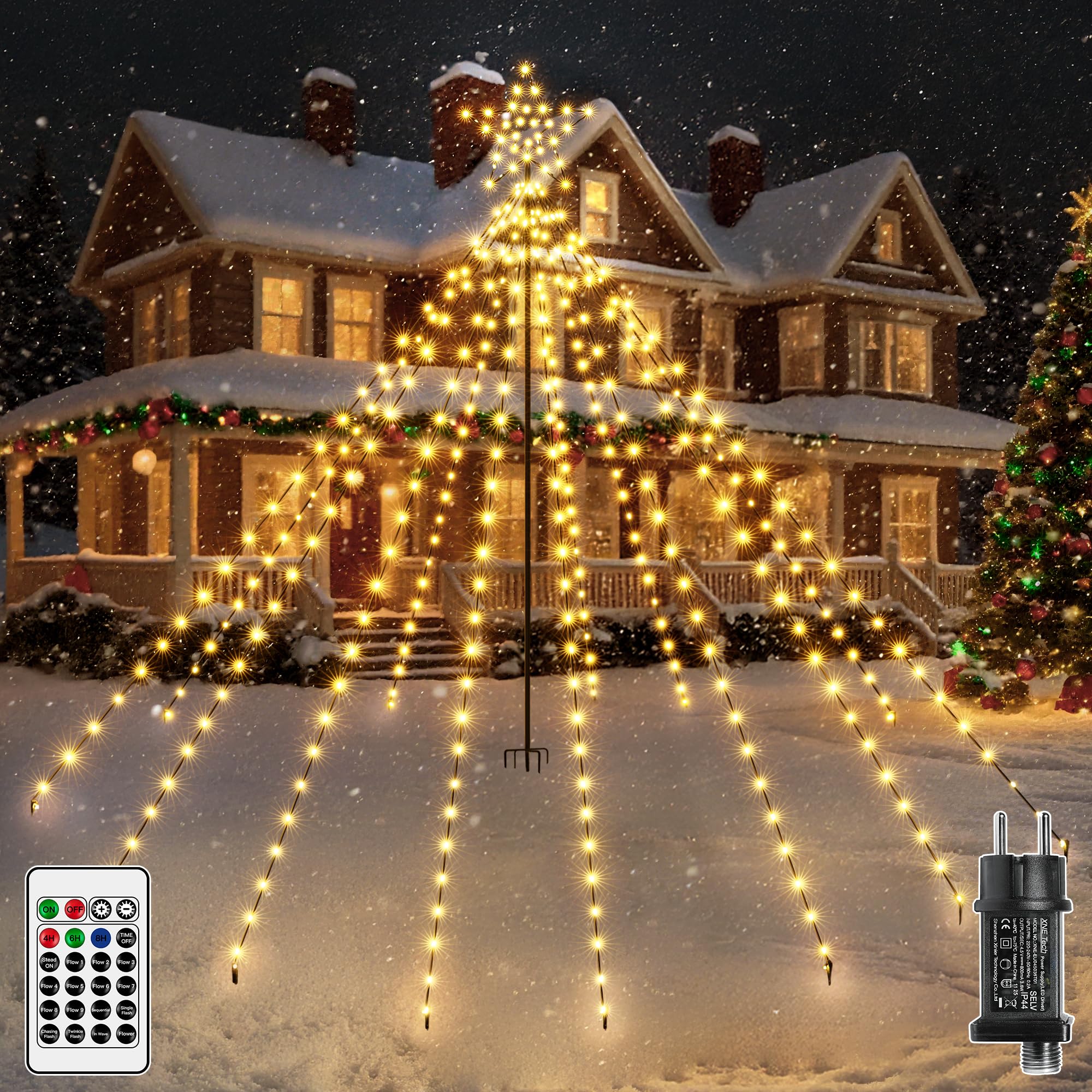 Christbaumbeleuchtung mit Ring und Sterne, 340 LEDs Lichterkette Weihnachtsbaum Warmweiß mit Fernbedienung, 8 Modi dimmbar, Timer, Weihnachtsbeleuchtung Außen für Garten, Rasen und Außenbereich