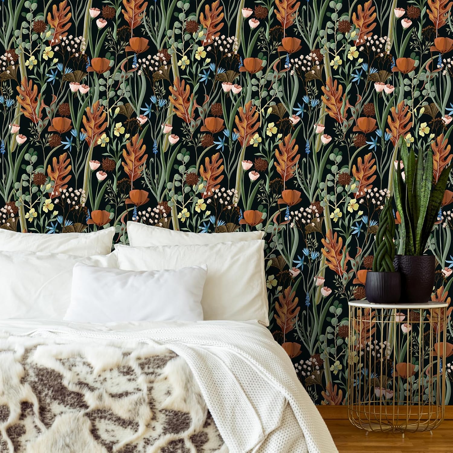 VEELIKE Black Floral Wallpaper Peel and Stick Wild Dried Floral Contact Paper for Cabinets Drawers Walls 17.7''x354'' Removable Self Adhesive Dark Botanical Wall Paper Vinyl Roll for Bedroom Bathroom