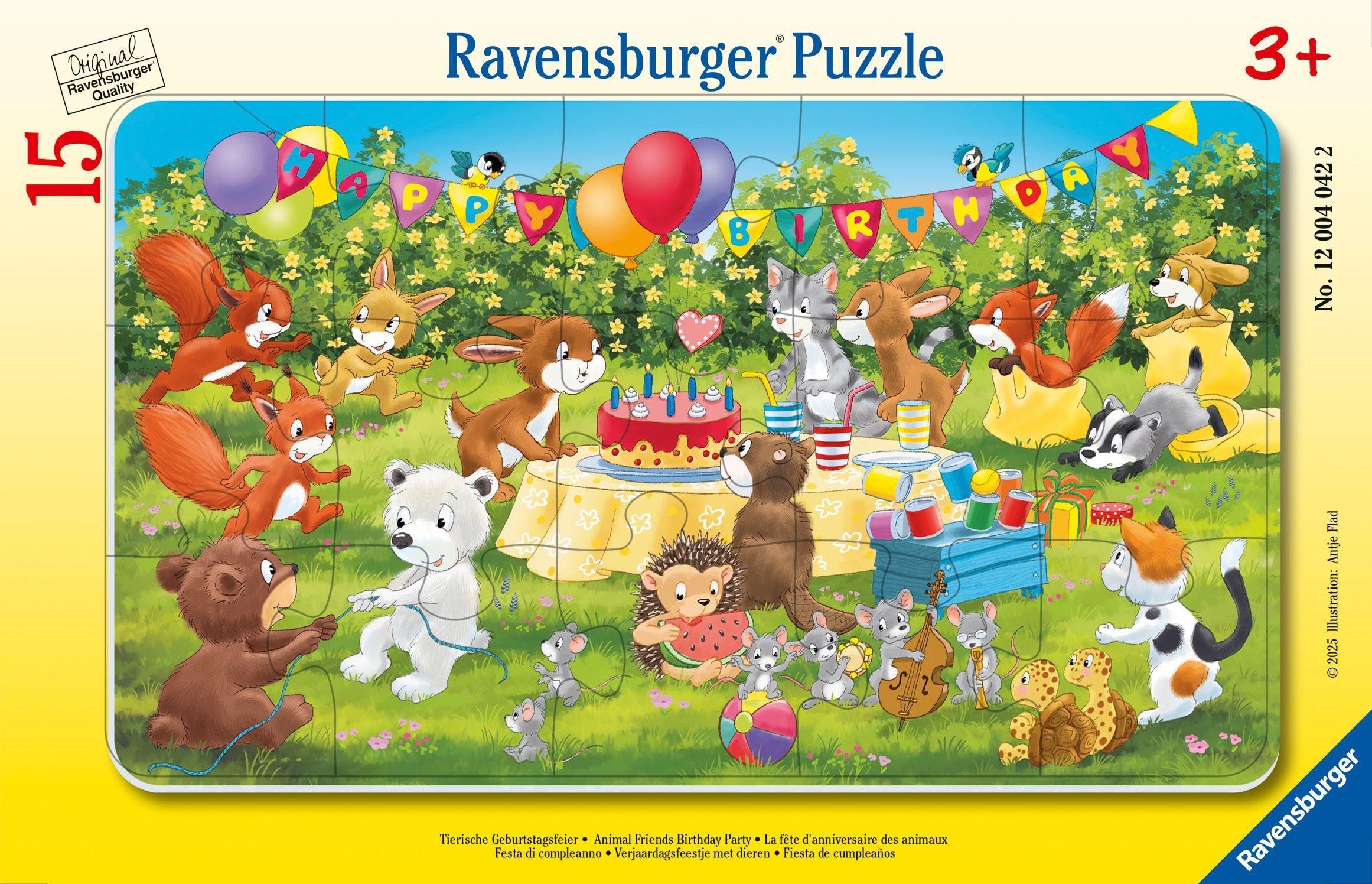 Ravensburger 12004042 Children's Puzzle-12004042 Animal Birthday Party Frame Puzzle for Children from 3 Years, with 15 Pieces