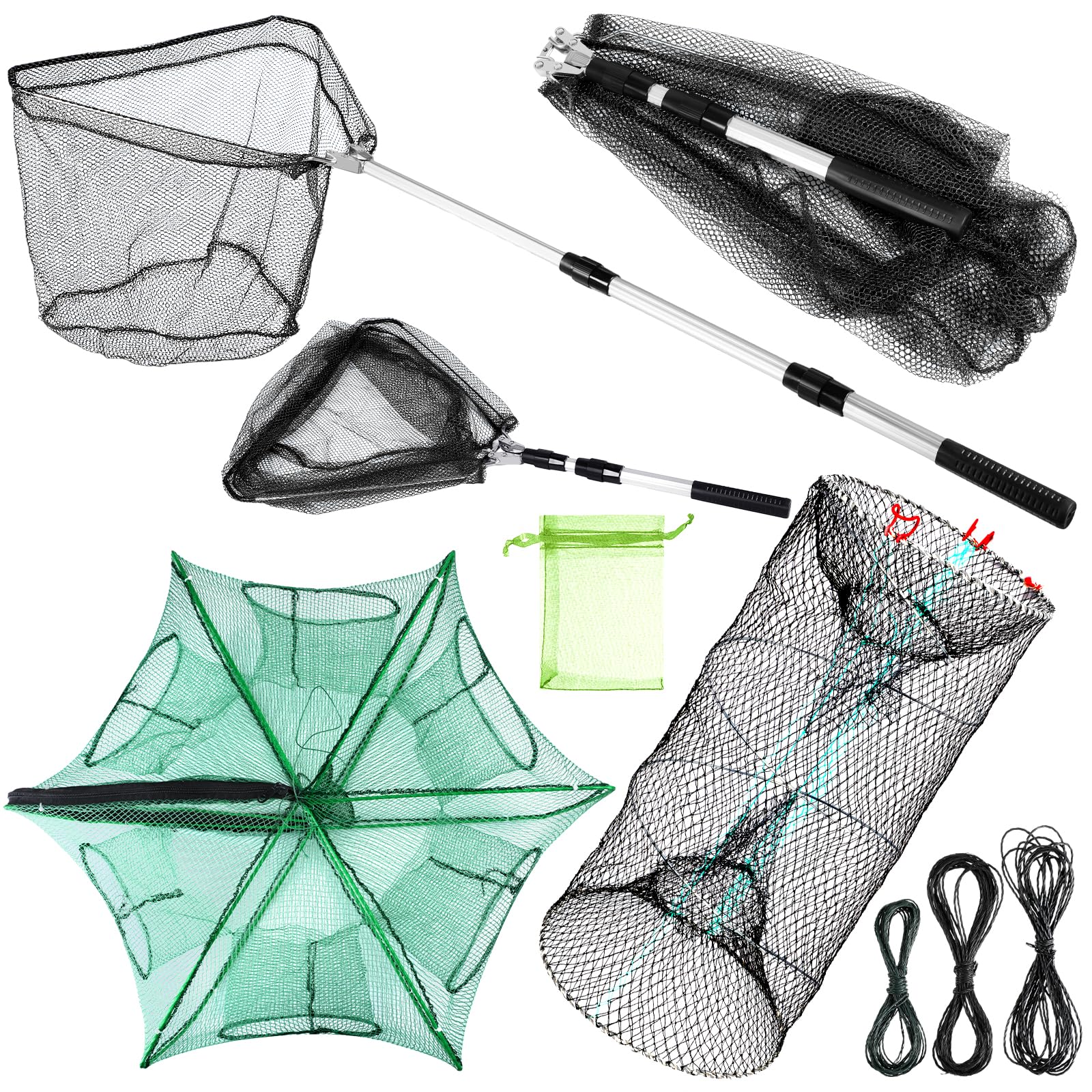 Windyun 3 redes de pesca plegables con mango telescópico, trampa de cangrejo hexagonal, trampa de cebo de pesca hexagonal con cuerda y bolsa de señuelo para cangrejo y camarones