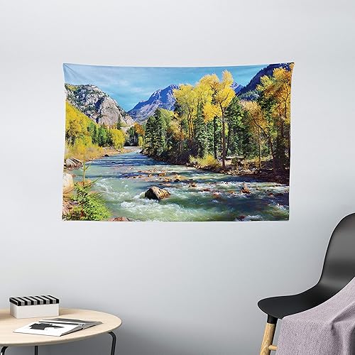 Miniatura 2 de Ambesonne Tapiz de paisaje, montañas de Colorado con bosque y río, foto idílica de follaje de verano, colgante de pared ancha para dormitorio, sala
