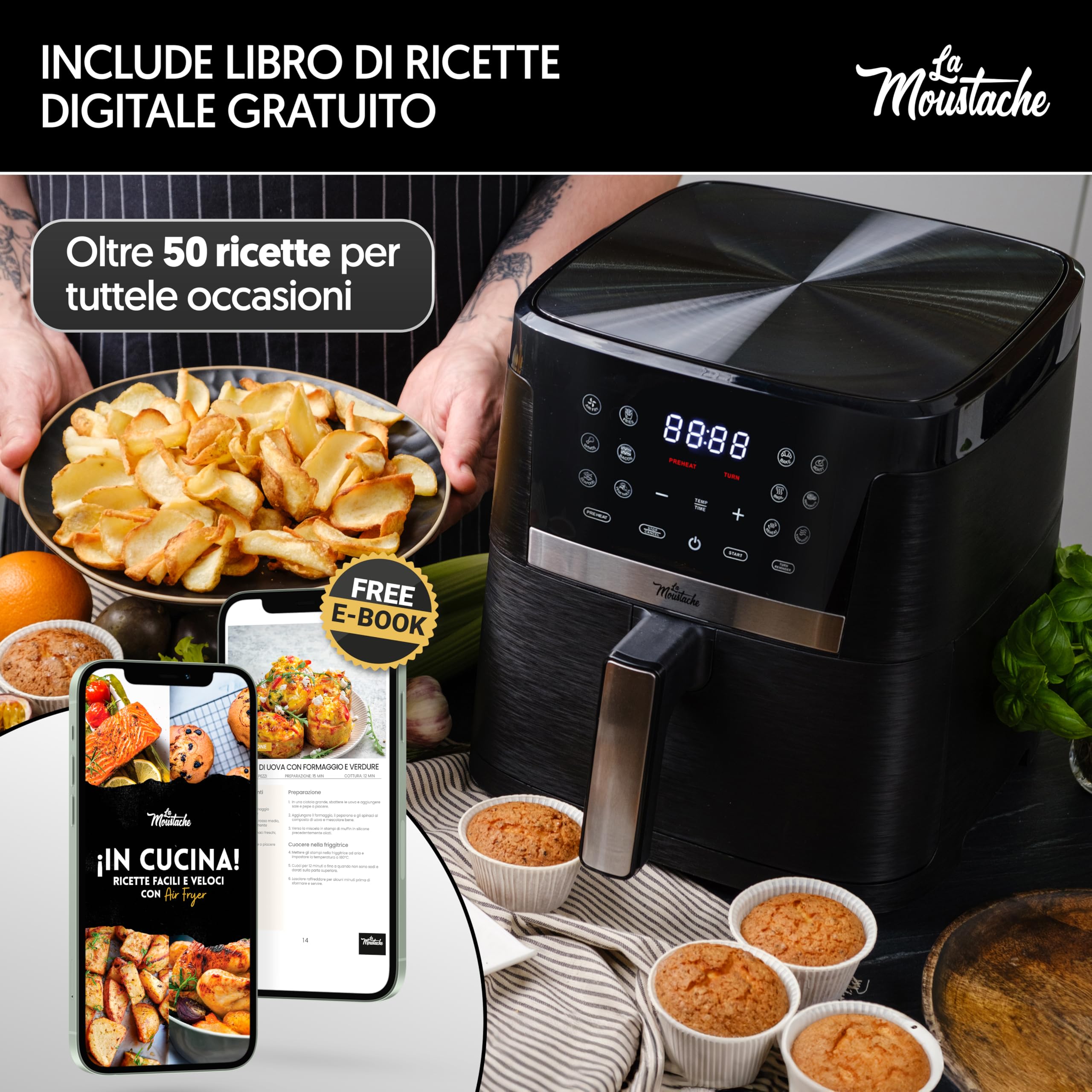 La Moustache - Friggitrice Senza Olio 7L ad Aria Calda 1800W con E-Book di Ricette, Air Fryer con 12 Programmi, Controllo Digitale 80-200 °C, Timer, Griglie Antiaderenti (Pro Smart)
