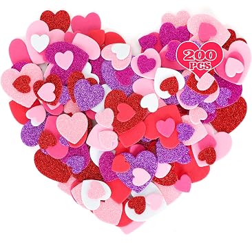 200 PCS Valentines Stickers, Self-Adhesive Foam Heart Stickers Valentines Decor, 3 Sizes Glitter Foam Hearts Valentines Crafts, Valentine Stickers for Envelopes Invitations Card Making