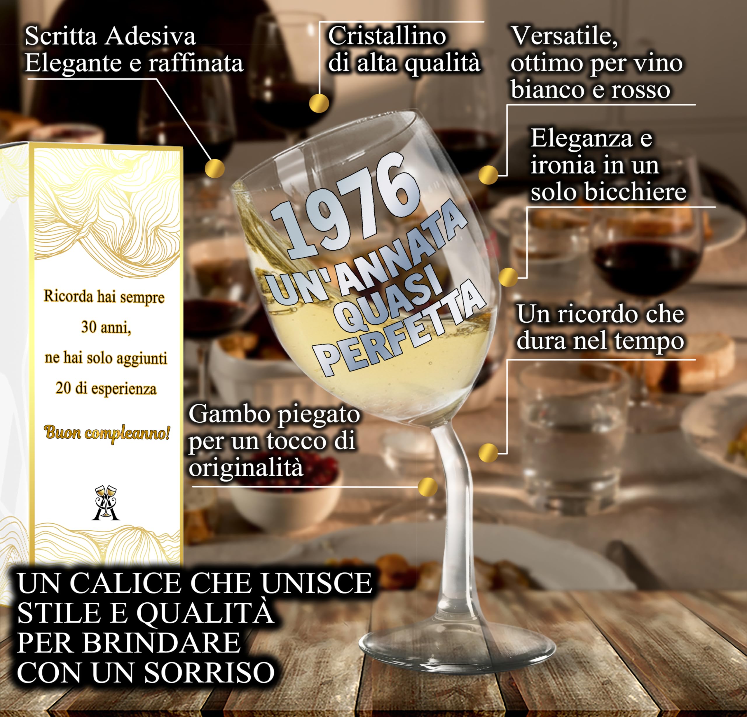 Calice Vino Personalizzato 50 ANNI - Bicchiere Piegato Da 440ml In Cristallino Per Compleanno 50 anni Uomo E Donna con Scatola Regalo Inclusa - Regalo Originale 1976 Un’Annata Quasi Perfetta