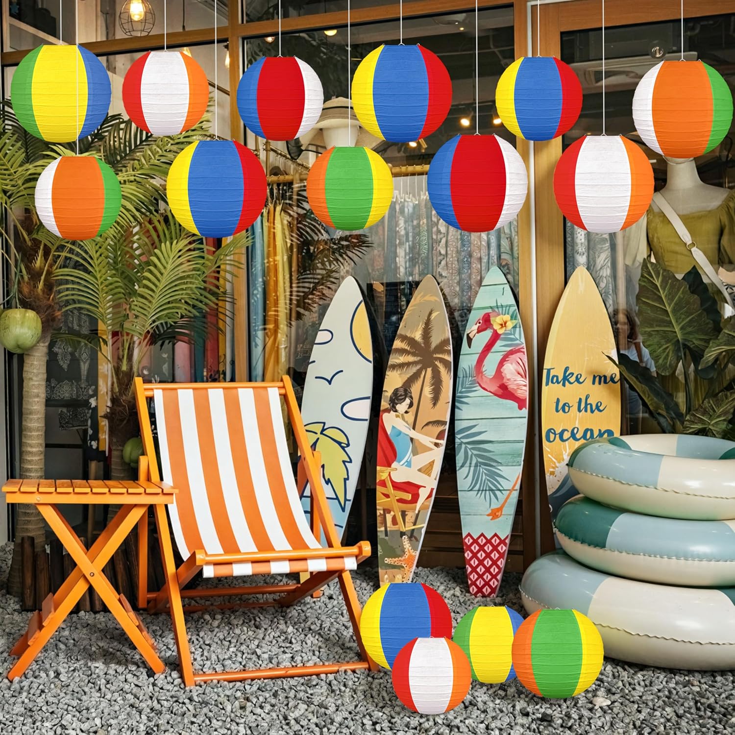 15Pcs Pool Summer Party Decorations Beach Ball Paper Lanterns | Luau Hawaiian Tropical Tiki Party,Birthday,Office,Classroom Hanging Decorations,Party Setup Decor,Bulk Supplies