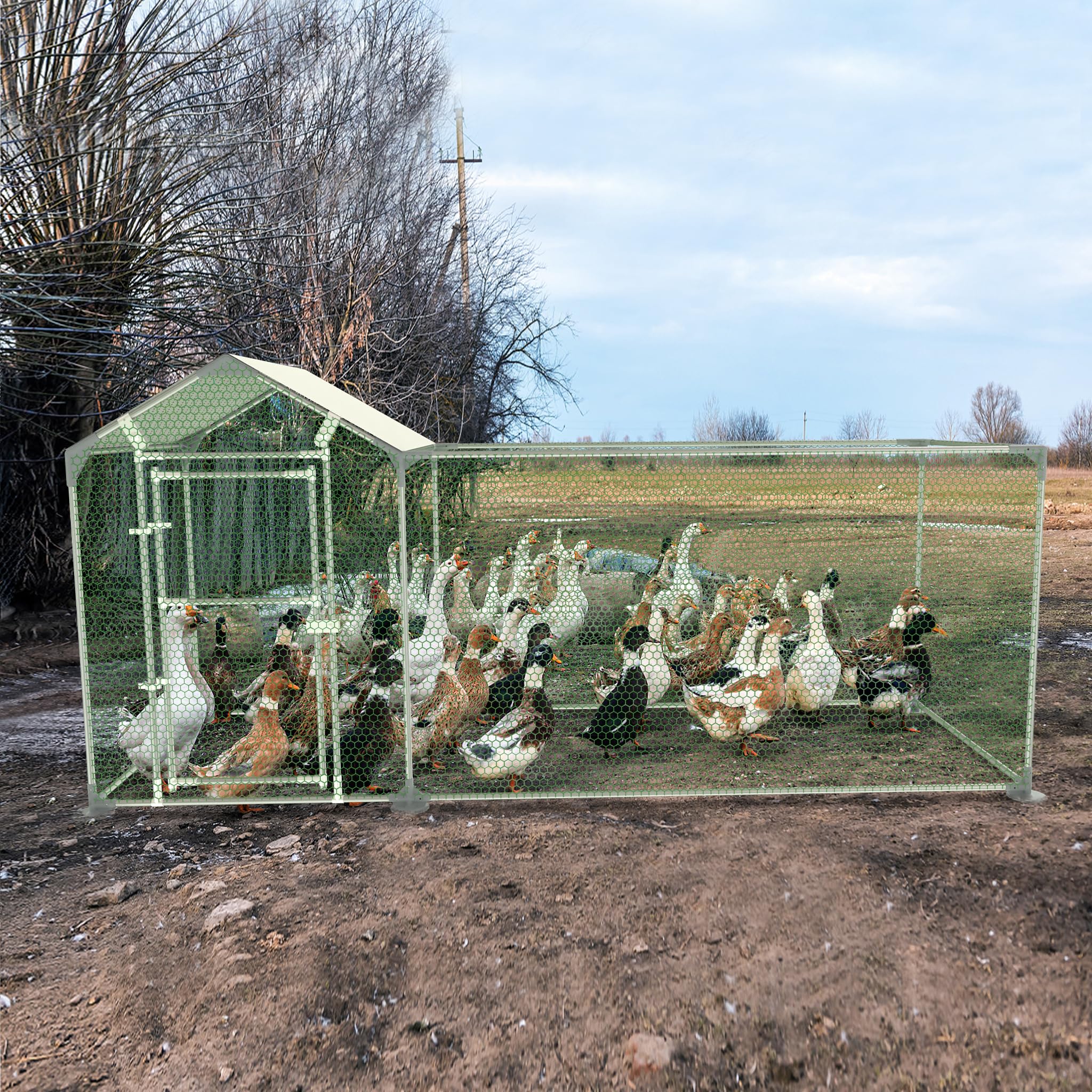NAIZY Hühner Freilaufgehege mit Schloss, Hühnerstall 3 m x 1 m Hühnerhaus Verzinkter Stahlrahmen mit PE Sonnenschutzdach Kleintierstall, für Hühnerkäfig Geflügelstall Vogelkäfig