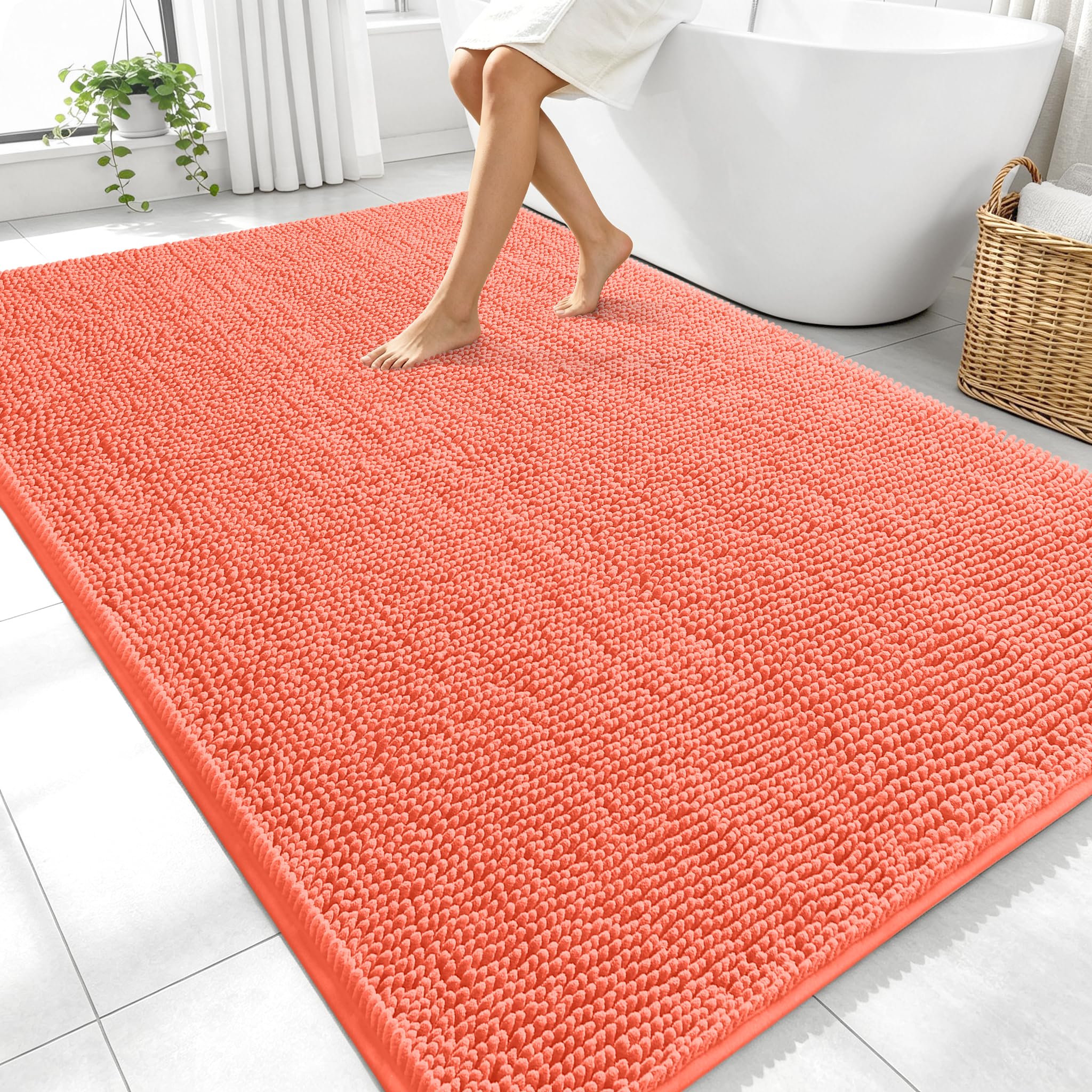 OLANLY Large Bathroom Rugs 70x46, Extra Soft Absorbent Chenille Bath Rugs | Coral, Quick-Drying Rubber Backing, Machine Washable Bath Mat for Bathroom Floor, Tub and Shower, Home Decor Accessories