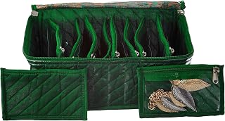 Amazon Brand - Solimo Cotton Fabric Jewelry Box with 10 Transparent Pouches (Green, 26 cm x 12 cm x 15 cm) Price In India