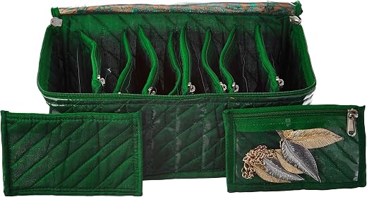 Amazon Brand - Solimo Cotton Fabric Jewelry Box with 10 Transparent Pouches (Green, 26 cm x 12 cm x 15 cm)