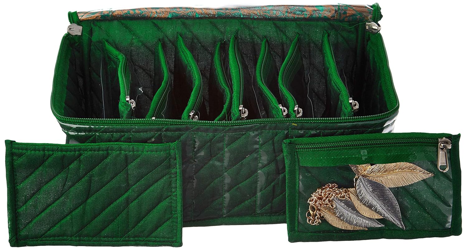 Amazon Brand – Solimo Cotton Fabric Jewelry Box with 10 Transparent Pouches (Green, 26 cm x 12 cm x 15 cm)