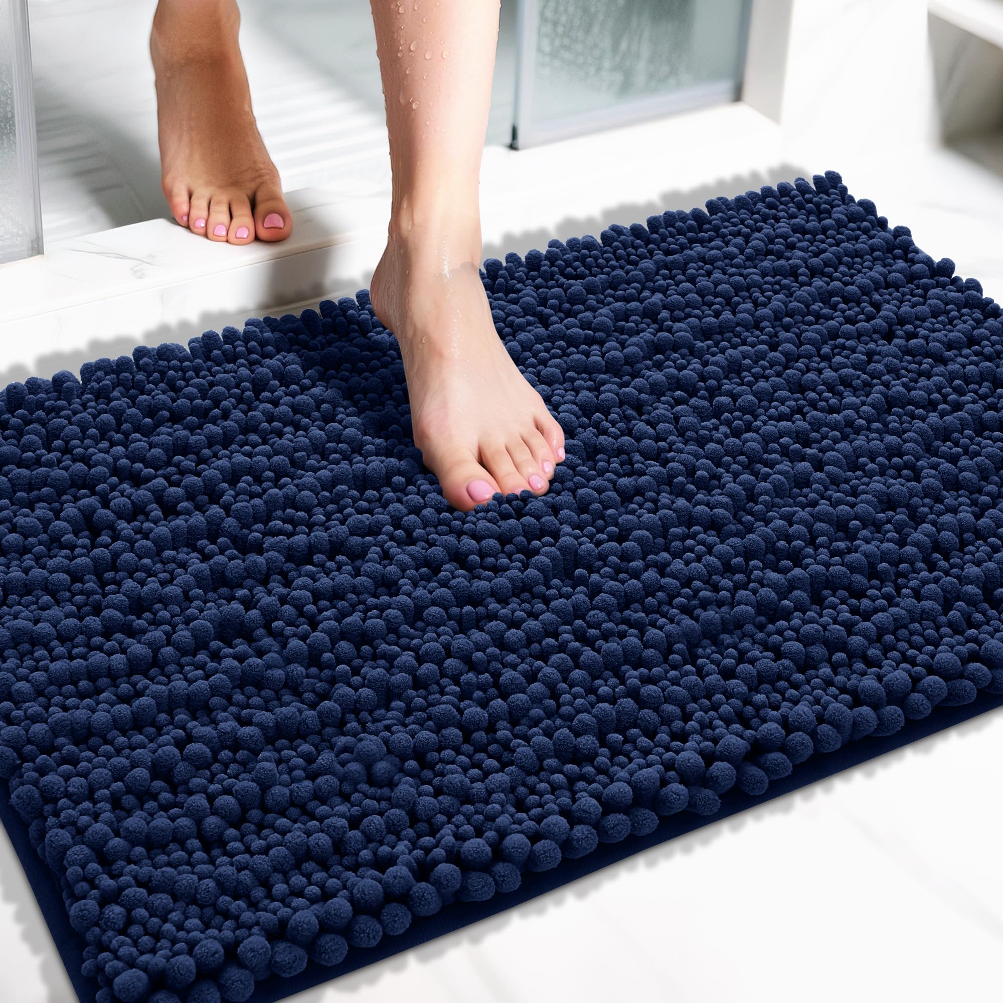 Yimobra Bathroom Rugs Non Slip Washable 32x20 Inch - Ultra Soft Absorbent Chenille Bath Mat, Quick Dry Shaggy Floor Carpet for Tub Shower, Navy Blue