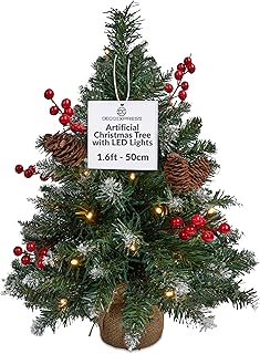 DECO EXPRESS Small Christmas Tree with LED Lights, 50cm Artificial Pre Lit Pine Realistic Festive Desktop Christmas Tree for Office Desk Bedroom