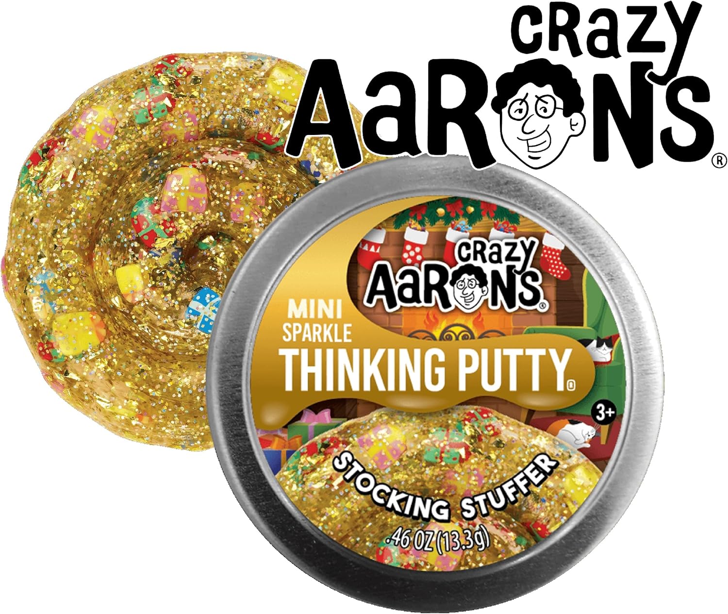 Crazy Aaron's Putty Mini Tins 2023 Holiday (Christmas) Set with Merry & Bright (Cosmic Glow), Stocking Stuffer (Sparkle), Twinkling Tree (Cosmic Glow) and Mistletoe Mania - 4 Pack (.46oz Each)