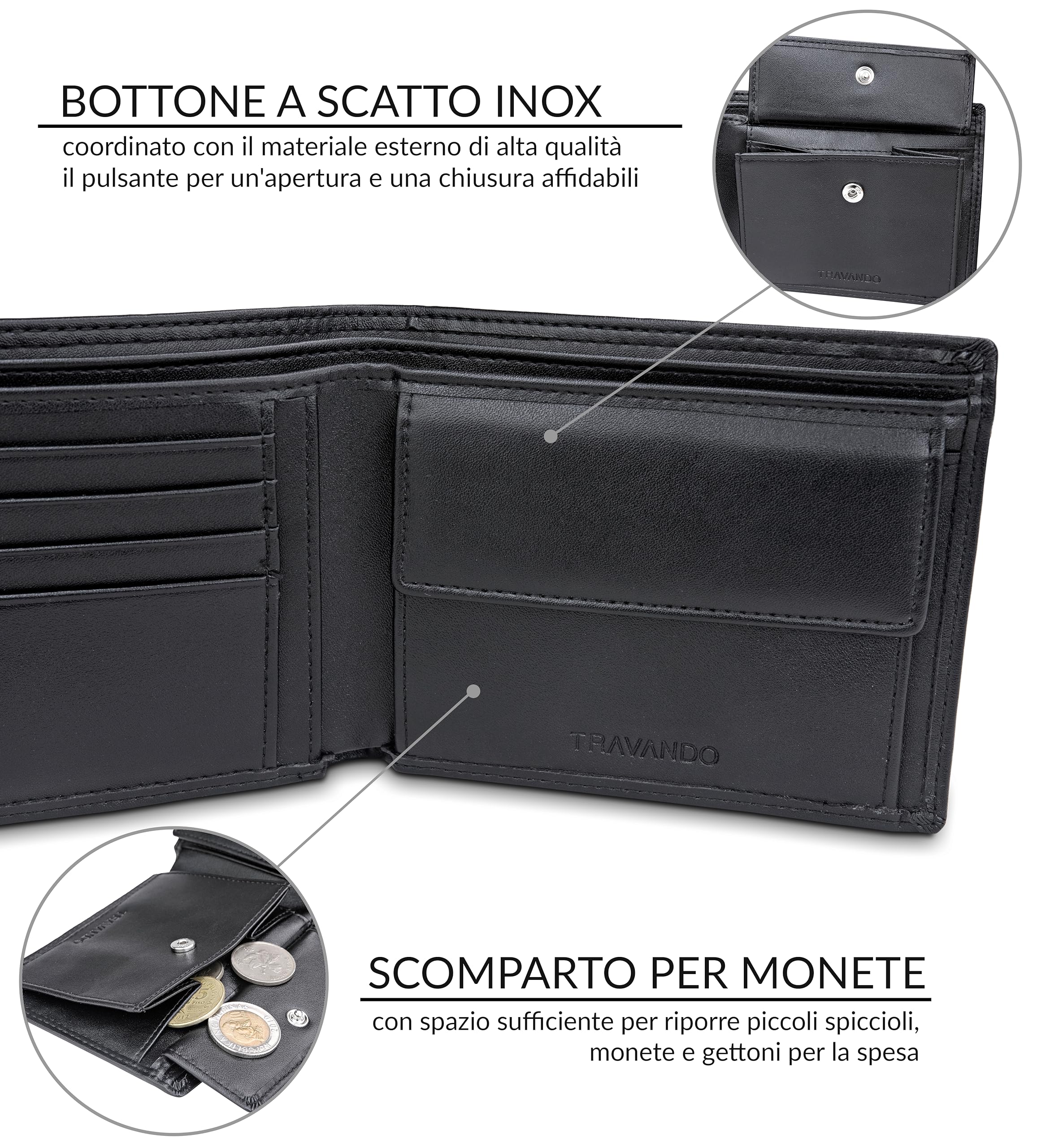 TRAVANDO Portafoglio Uomo Grande OSLO con protezione RFID Porta Carte di Credito nero con Portamonete Borsellino Portafogli in formato Verticale Porta Banconote Wallet Porta monete Regalo
