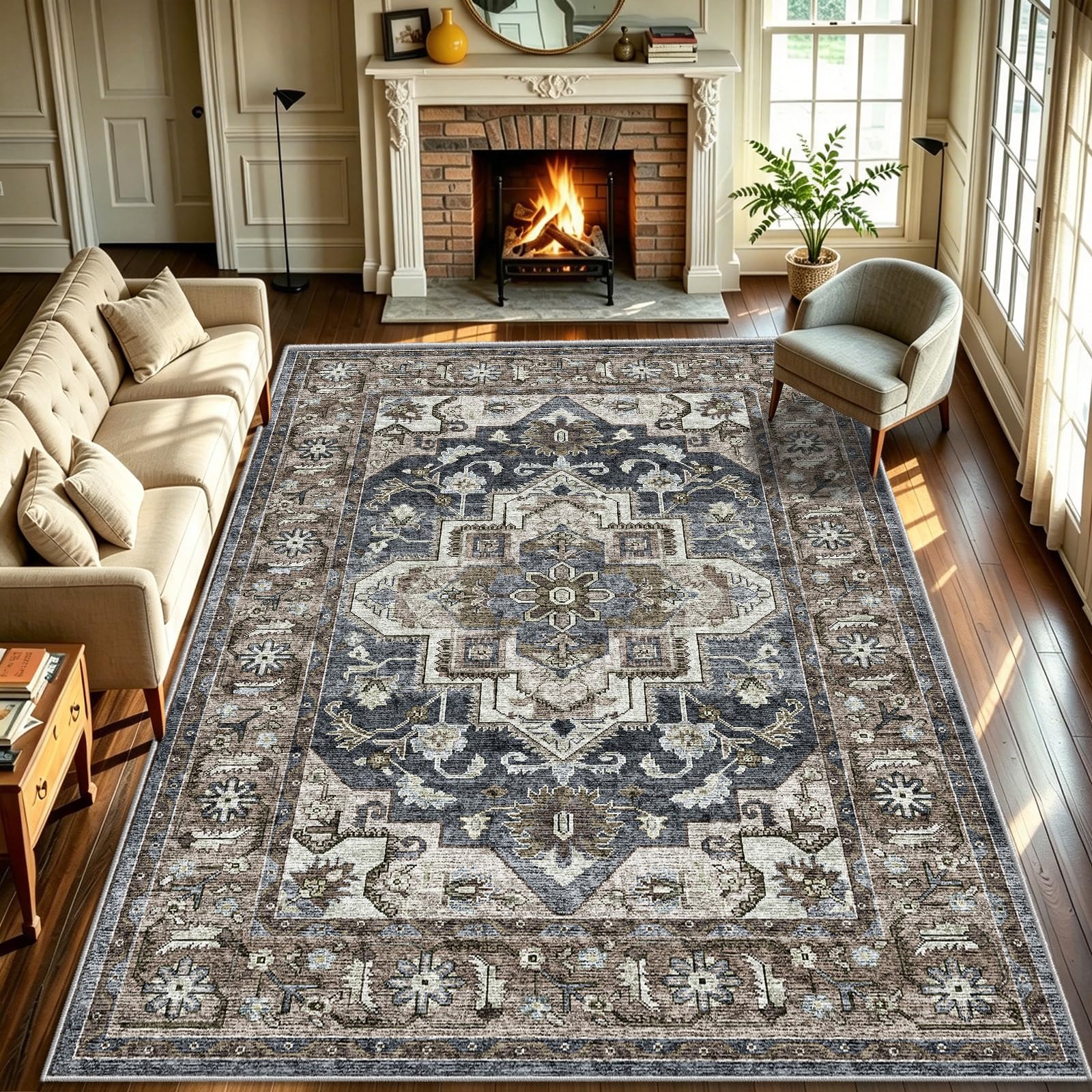 WUTONG Blue Grey Rugs Living Room 160x230 cm,Vintage Area Rug,Machine Washable Non Slip,Soft Faux Cashmere Short Pile Large Carpet for Lounge Dining Room — image 1